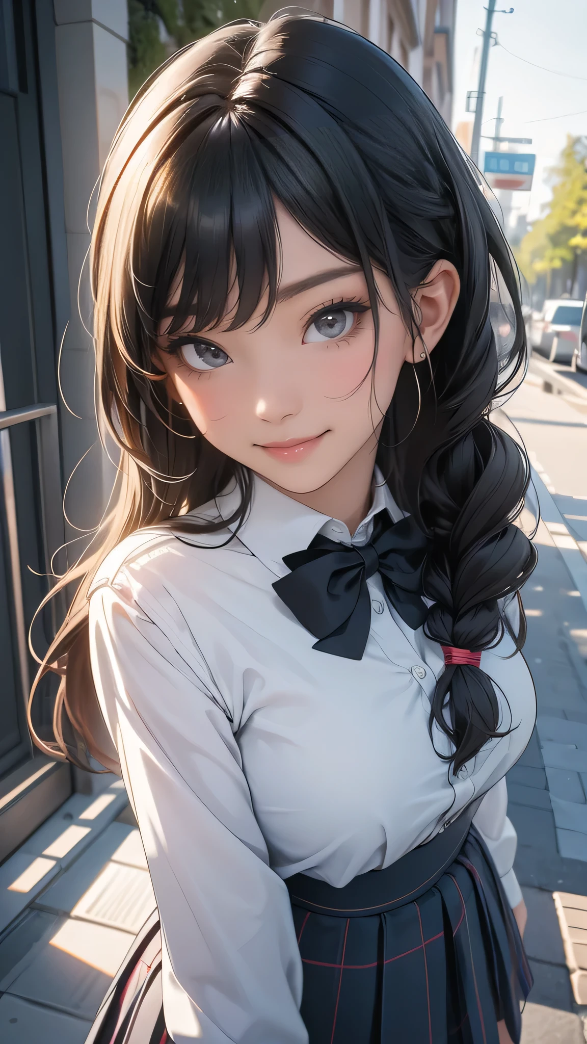 looking at viewer,high school girl,leaning forward,(random school uniform),(random Lively pose),(Thin type),(large breasts:1.2),(random hairstyle:1.2),(Highest image quality, (8K), Ultra-realistic, Best Quality, High quality, High Definition, high quality texture, high detailing, Beautiful detailed, fine detailed, extremely details CG, Detailed texture, realistic representation of face, masterpiece, presence),(wearing glasses:1.1)