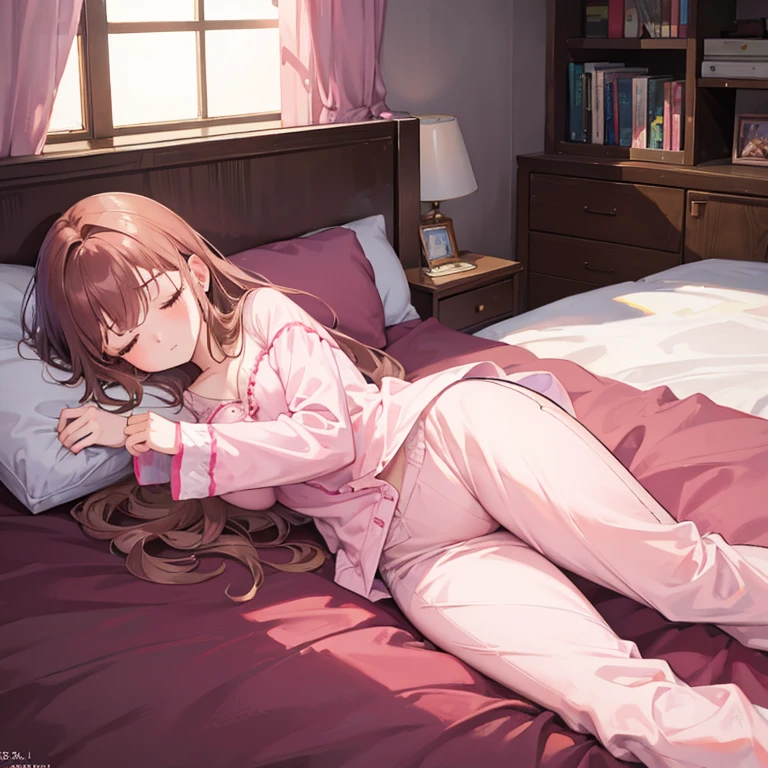 Sleeping girl, 22 years old, realistic, she is wearing long pants, she is wearing pink pajama, brown hair.