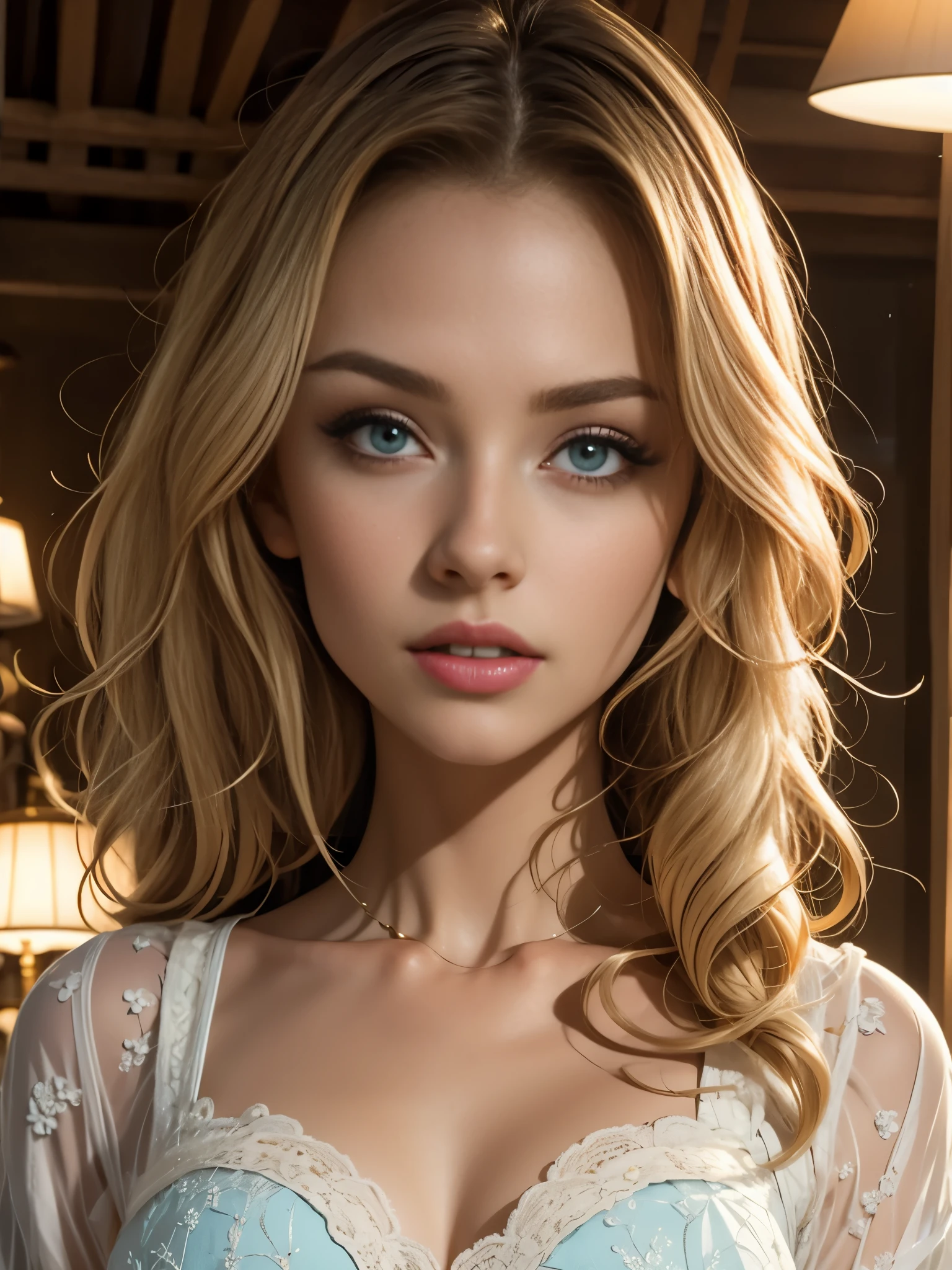 (Highly detailed CG Unity 8K wallpaper,pieces fly, highest quality, Super detailed),(best illumination, best shadow, very delicate and beautiful),fluffy,high color saturation,blonde hair+eyes are blue:1.2,Dark Gothic landscape, long hair, Gaze into the distance. (Beautiful girl with long blonde hair and shining gothic lighting with blue eyes)、cheek gloss highlight
