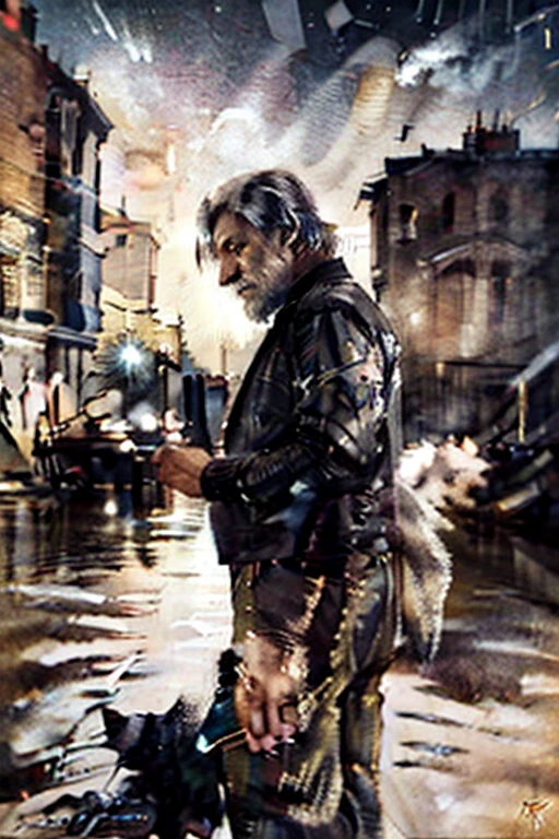old man, he is dressed in black clothing with gold details, long pants with precious stone details and a magnificent bracelet on his wrist., white small beard, white medium hair, thunderstorm in bkacground, large moon in background, man with a large sword, blood in sword, photo realistc, nice illumination, in front of cam, scared face, he have together a black wolf next to man, the wolf is bigger than man, the wolf angry face, are on the battlefield.