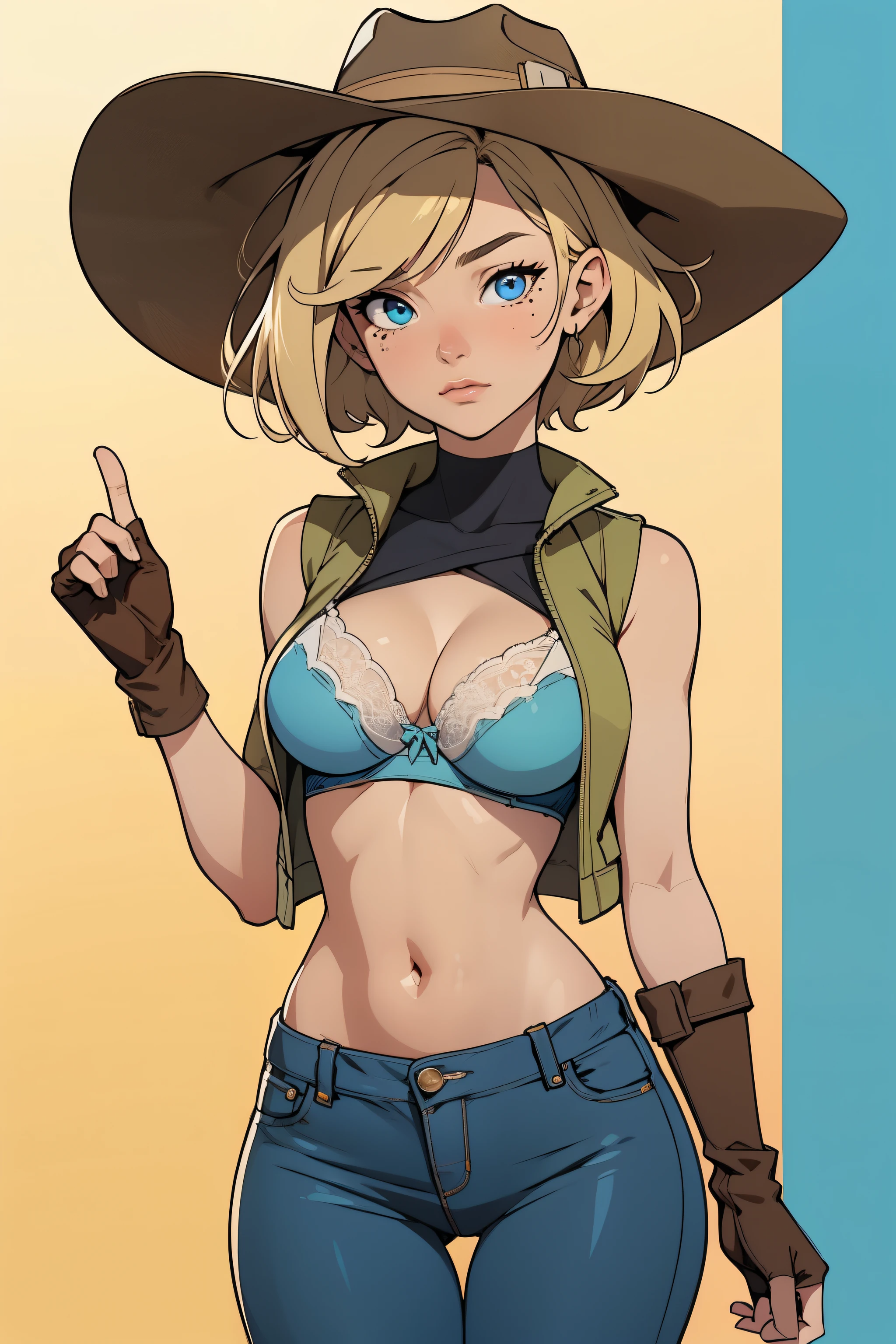 vibrant color, saturated color, colorful, 1girl, cowboy hat, beautiful face, white bra, green vest, no sleeve, navel, blue jeans, brown boots, fingerless gloves, short hair, blonde hair, parted bangs, blue eyes, mole under right eye, American old west, best quality, masterpiece, sensual but confident pose, thigh gap, wild west, sunny background, 