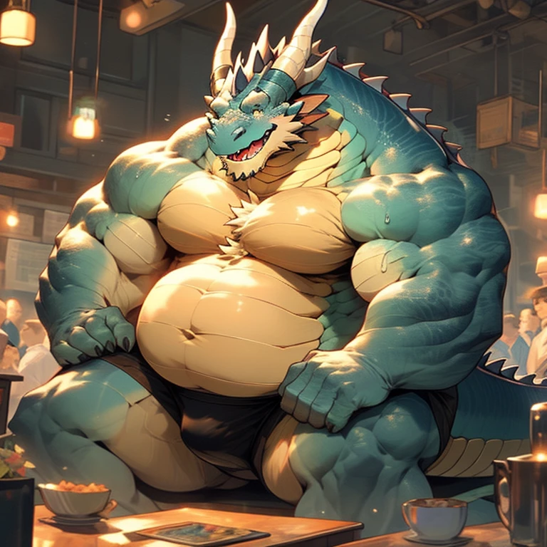 A couple of 2 macro blue muscular and obese belly dragons sitting in front of a dresser hugging and kissing like a loving couple, flexing there muscles and showing off theeit bulge and their macro guts and his enormous , big fat huge enormous pecs, pecs are giant, pecs are enormous, wearing only black . Belly to Belly. Loving fat. The dragons is sweating and has a warm and  expression on his face. The image is drawn in an anime style, with bright colors, light are on in the room. They are in a school bedroom at night with lights on sitting on their bed with a  pose admire there big and huge muscle and his big gut like they love on their each other. Thick tongue、mouth wide open、lots of drool、thick and long tail、thick twisted corners