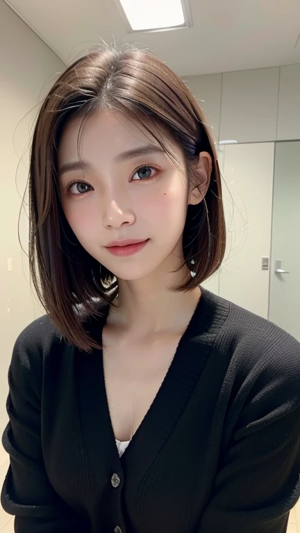 (((Close-up of face)))、(((Absolutely shoulder-length brown straight short bob)))、(((She is posing like a hair salon model, with a black wall indoors as the background.)))、(((Casual black winter long sleeve outfit)))、Half Japanese, half Korean、18 year old girl、Standing Alone、Looking forward、Light eye makeup、Brown Hair Color、Flat and 、Hair blowing in the wind、Actress Quality、Glossy, ultra-realistic face、Smiling face、Watery eyes、Gazing Up、Subtle lighting effects、 Ultra-Realistic Capture、Very detailed、High resolution 16K close up of human skin。Skin texture must be natural、The details must be such that pores can be clearly seen、The skin is healthy、Uniform tone、Use natural light and colors、A worn-out, high-quality photo taken by a model agency's in-house photographer.、smile、(((SIGMA 300 mm F/1.4,1/1000 sec shutter,ISO 400)))