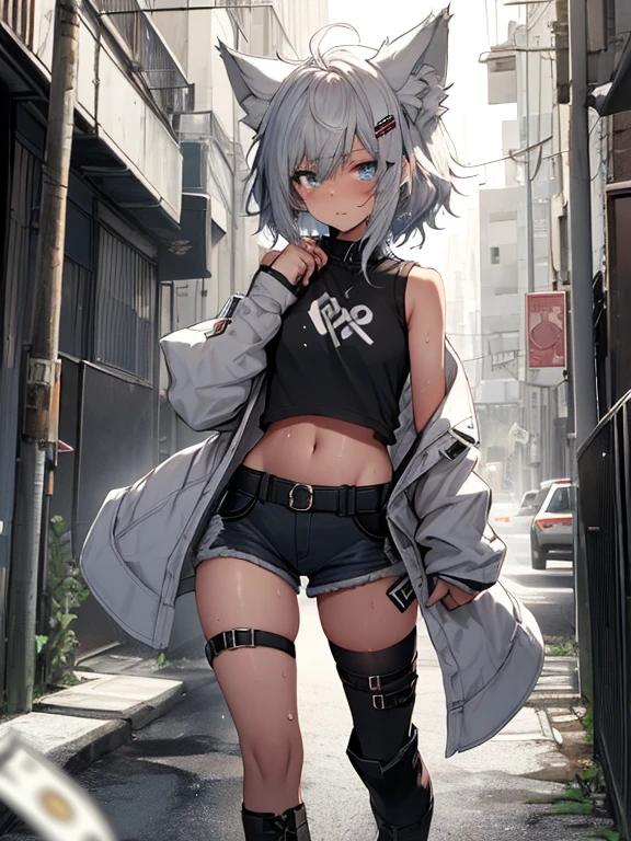Single girl, Anime tomboy, Short, Long white hair, wolf ears, wolf tail, blue eyes, thigh high fishnets, black combat boots, nude, solo tomboy, only one female ((small breasts)) solo, alone, (SOLO)(ALONE) thighs, nice hips, blue eyes, perfect eyes, perfect face, pouty lips, happy, white shirt, midriff, black cutoff shorts, perfect detailed face, ((sweat)), aftersex, alley, modern grey walls, (prostitution), (((holding money in hand))), (((money))), dollar, ((after prostitution)), standing, spread legs, (smug), young,