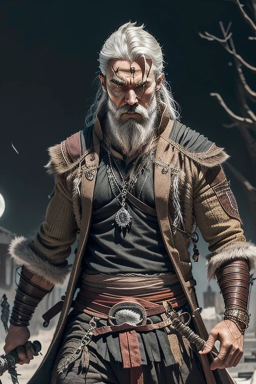 old man, he is dressed in black clothing with gold details, long pants with precious stone details and a magnificent bracelet on his wrist., white small beard, white medium hair, thunderstorm in bkacground, large moon in background, man with a large sword, blood in sword, photo realistc, nice illumination, in front of cam, scared face, he have together a black wolf next to man, the wolf is bigger than man, the wolf angry face, are on the battlefield.