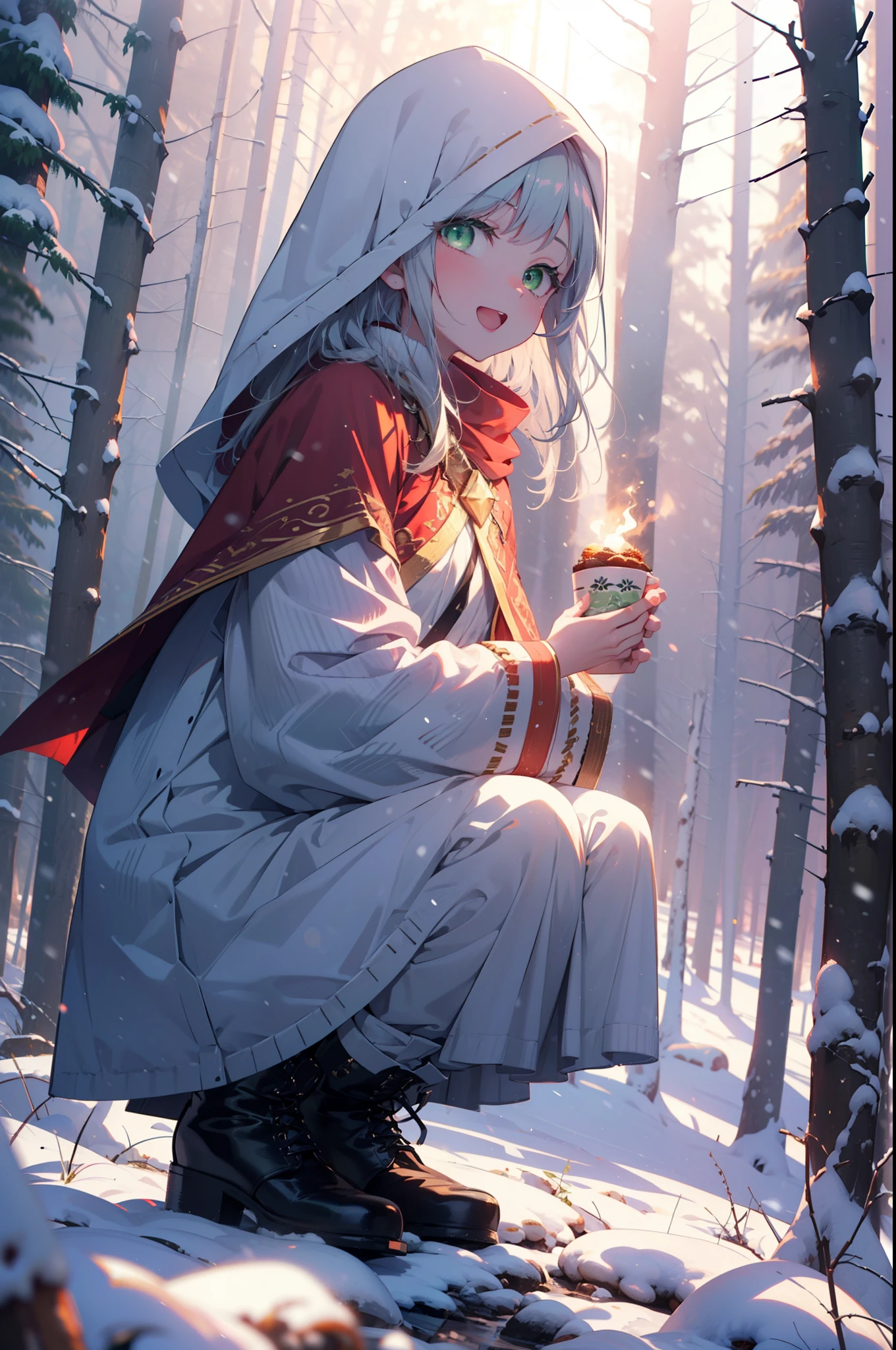 index, index, (Green Eyes:1.5), Silver Hair, Long Hair, (Flat Chest:1.2),happy smile, smile, Open your mouth,
Open your mouth,snow, fire, Outdoor, boots, snowing, From the side, wood, suitcase, Cape, Blurred, Food Up, forest, White handbag, nature, Squat, Mouth closed, フードed Cape, winter, Written boundary depth, Black shoes, red Cape break looking at viewer, Upper Body, whole body, break Outdoor, forest, nature, break (masterpiece:1.2), highest quality, High resolution, unity 8k wallpaper, (shape:0.8), (Beautiful and beautiful eyes:1.6), Highly detailed face, Perfect lighting, Extremely detailed CG, (Perfect hands, Perfect Anatomy),