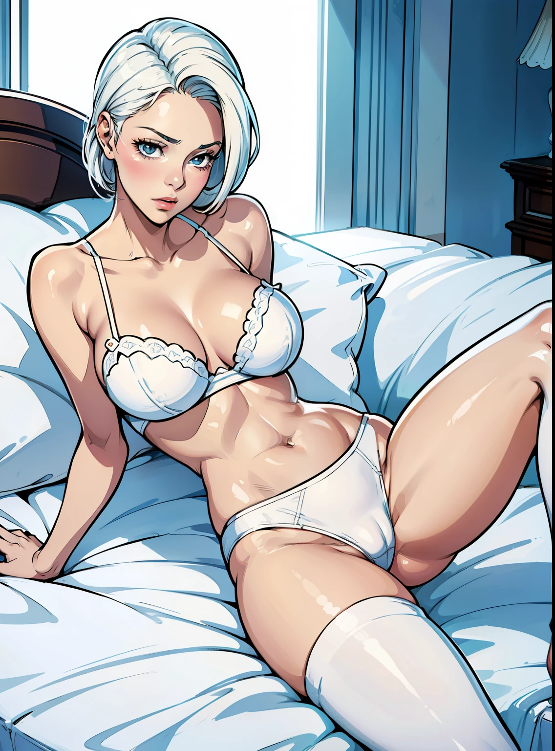 A beautiful slim woman, 1woman, white bra, white panties, white stockings, perfect figure, elegant posture, retro gorgeous bed, retro exquisite bedroom, fair skin, slim thighs