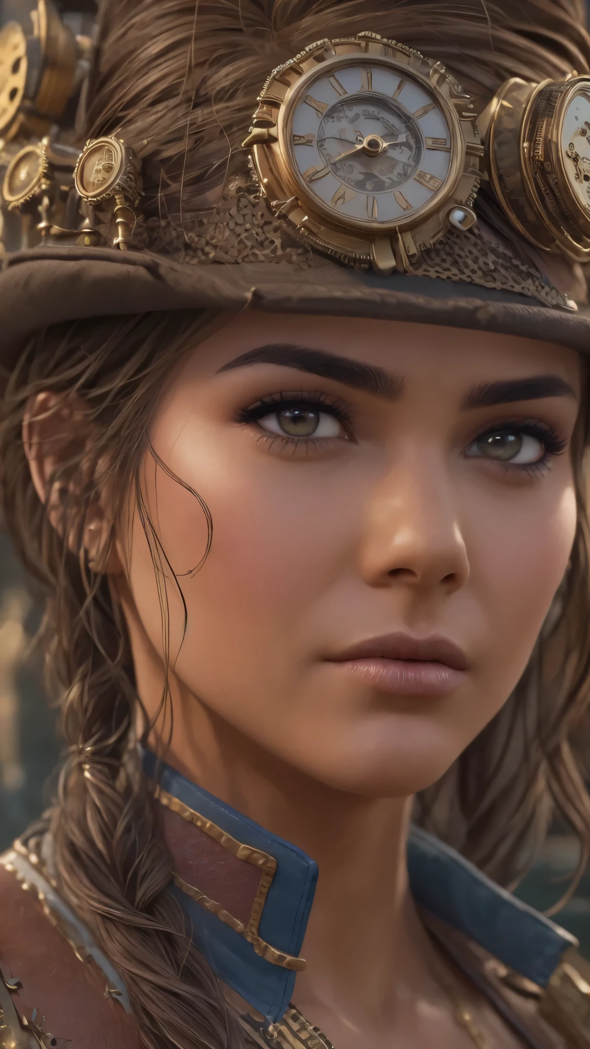 Columbian 19 year old girl, Kassandra, half body view, (front to camera), detailed european face, (aspiring facial expression), (((steampunk style close))), ((steampunk city on the background)), RAW, analog style, ultra detailed photograph, cinematic lighting, artstation, 4k, sharp focus, high resolution, detailed skin, detailed eyes,