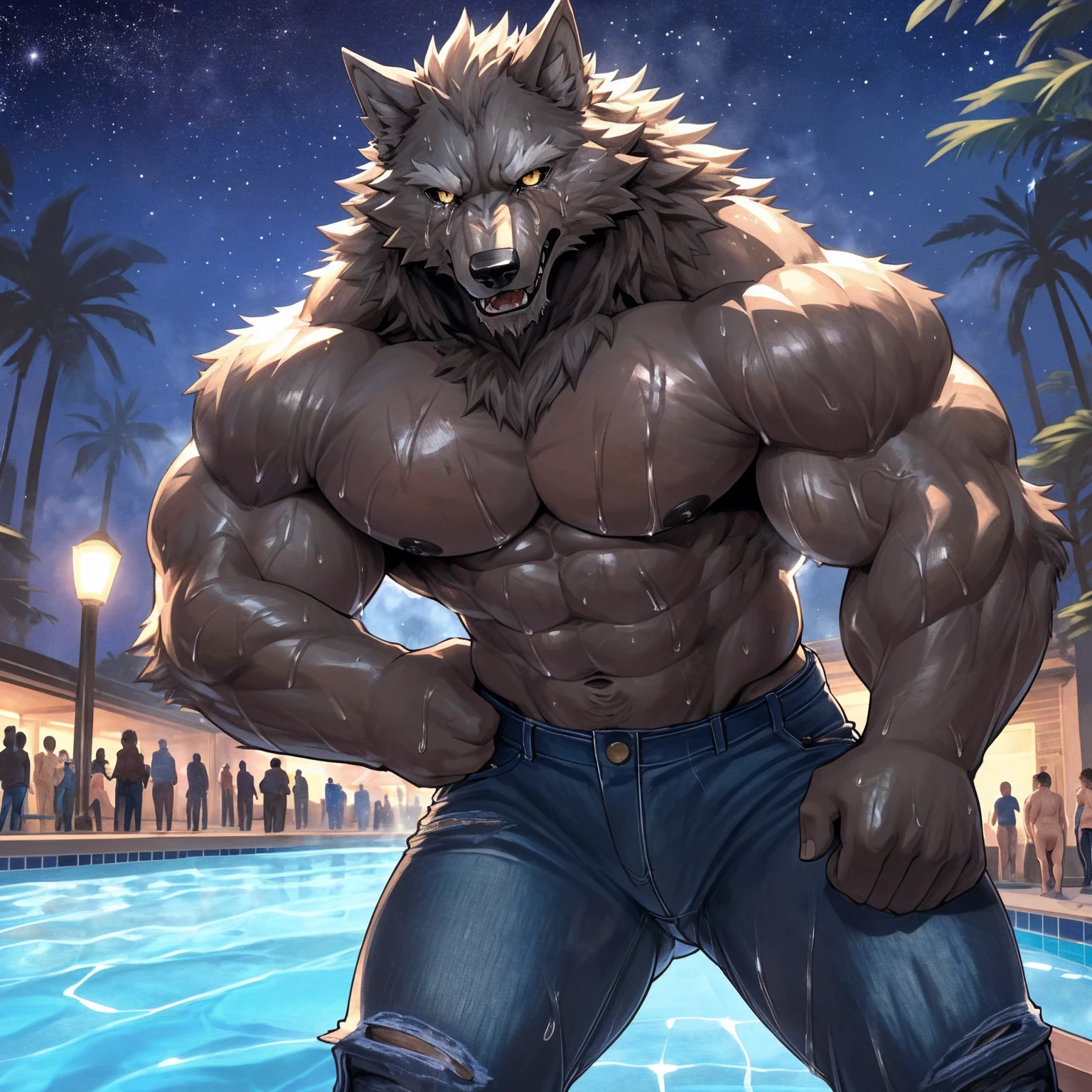 (highest quality:1.2), (masterpiece:1.2), anime, ultra detailed, angle from bottom, standing over viewer
, (Black and brown wolf:1.3), great physique,Strong arms, manly, bodybuilder, (Fine veins:1.5), (shine body:1.5)
, (Excessive sweating:1.7), (Sweat all over the body:1.7), (shirtless:1.5)
, (Wolf biting a human:1.5)
, Fine grain, (ultra detailed eyes:1.4), black sclera, yellow pupil
, black tongue, A large amount of saliva, Tears dripping
, (tear jeans:1.9)
,From null-ghost, (Poolside:1.3), The background is a forest, The lost city lights, end:night、in the starry sky, (A lot of people are watching:1.7)