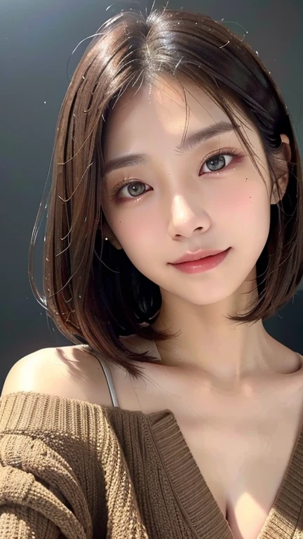 (((Close-up of face)))、(((Absolutely shoulder-length brown straight short bob)))、(((She is posing like a hair salon model, with a black wall indoors as the background.)))、(((Casual black winter long sleeve cardigan)))、Half Japanese, half Korean、18 year old girl、Standing Alone、Looking forward、Light eye makeup、Brown Hair Color、Flat and 、Hair blowing in the wind、Actress Quality、Glossy, ultra-realistic face、Smiling face、Watery eyes、Gazing Up、Subtle lighting effects、 Ultra-Realistic Capture、Very detailed、High resolution 16K close up of human skin。Skin texture must be natural、The details must be such that pores can be clearly seen、The skin is healthy、Uniform tone、Use natural light and colors、A worn-out, high-quality photo taken by a model agency&#39;s in-house photographer.、smile、(((SIGMA 300 mm F/1.4,1/1000 sec shutter,ISO 400)))
