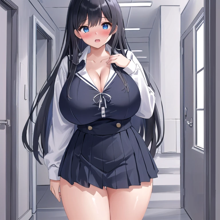 An Insanely Big Breasted young Girl, ((17 years-old)), with Breasts that are Overwhelmingly Huge and are getting Bigger by the second, Long Black Hair, Beautiful Blue eyes, (((Extremely Embarrassed))), (Scared), her clothes are very tight, and getting increasingly tighter because of her body expansion, ((She is now beyond Quadruple the 100FF size Breasts, and is still rapidly Enlarging)), big Cleavage, ((wearing a slightly too small, incredibly Tight High-school Uniform, her Breasts and especially thighs have outgrown the High-School uniform)),