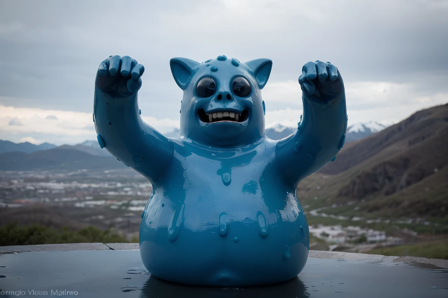 un monstruo slime, azul, con forma de gelatina, between some mountains