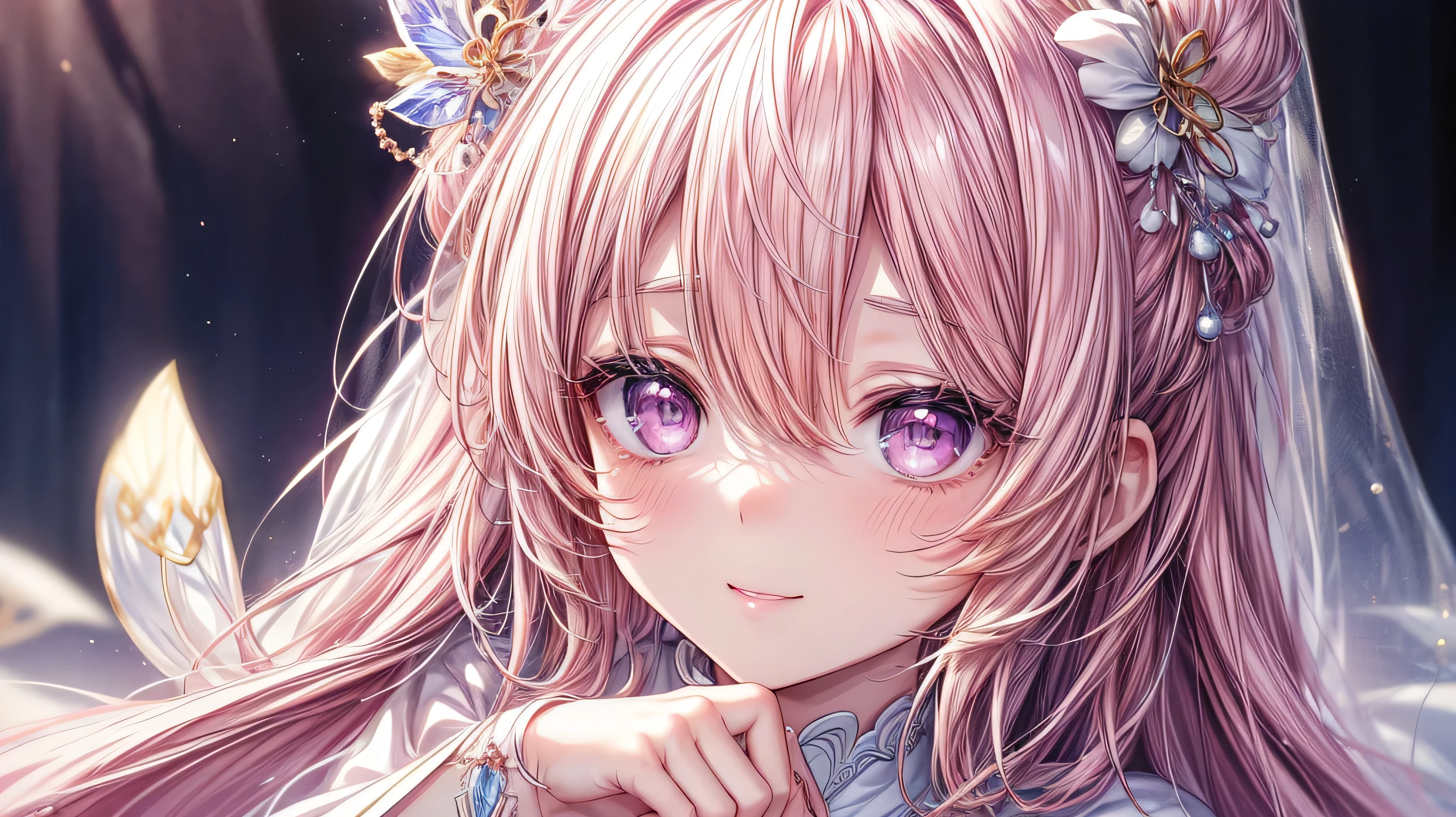 （（Sakura Kinomoto））(highest quality、masterpiece、Super detailed、Very detailed、Exquisite、16k、Full HD),Dramatic lighting、Warm lighting、Soft lighting、Ambient Lighting、((Only one person:1.5))、,smile,(Fairy Princess、Purple eyes、Long eyelashes、White skin、slim、Pale pink lips、Pale pink cheeks、blonde、thin and long）、(Thin and high nose、Small Nose)、
