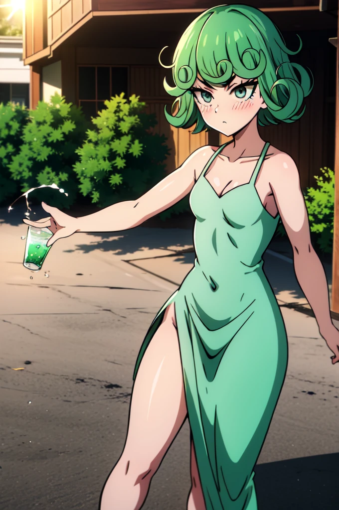 absurdres, highres, ultra detailed, tatsumakitornado, short green hair, curly hair, sun dress,outdoors, green eyes ,full body ,looking up at veiwer, blushing ,standing,drinking water ,