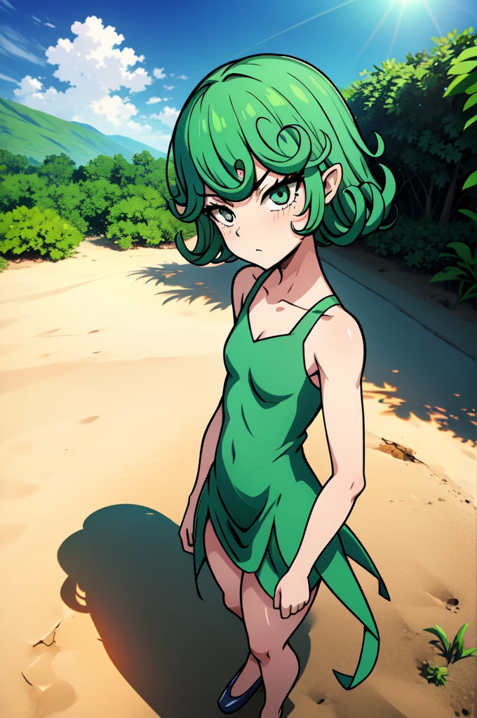 absurdres, highres, ultra detailed, tatsumakitornado, short green hair, curly hair, sun dress,outdoors, green eyes ,full body ,looking up at veiwer, blushing ,standing,drinking water ,