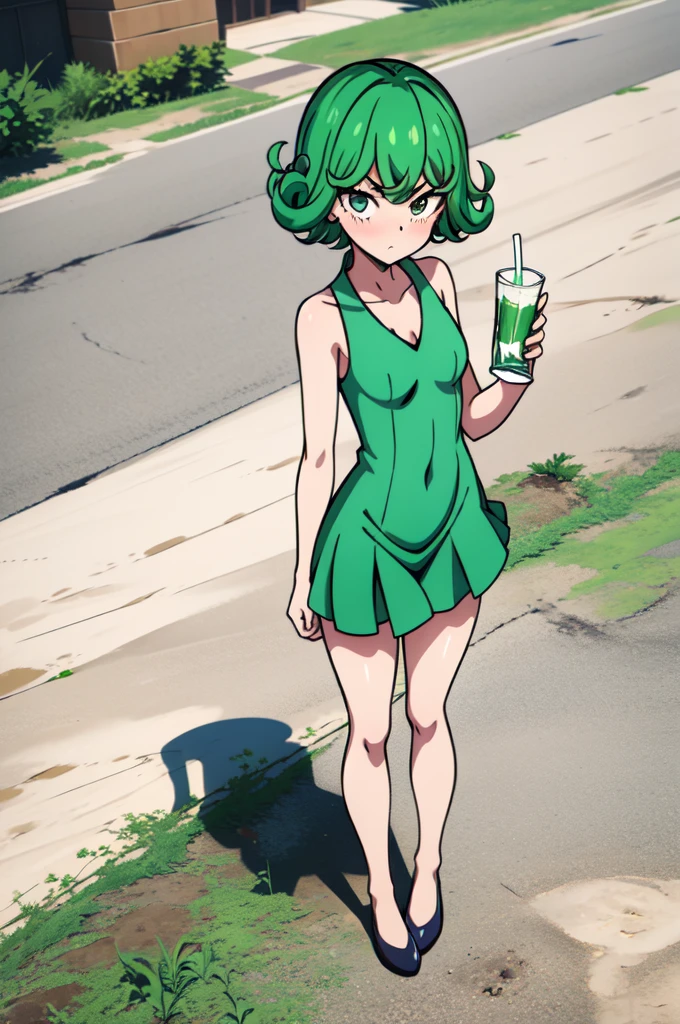 absurdres, highres, ultra detailed, tatsumakitornado, short green hair, curly hair, sun dress,outdoors, green eyes ,full body ,looking up at veiwer, blushing ,standing,drinking water ,