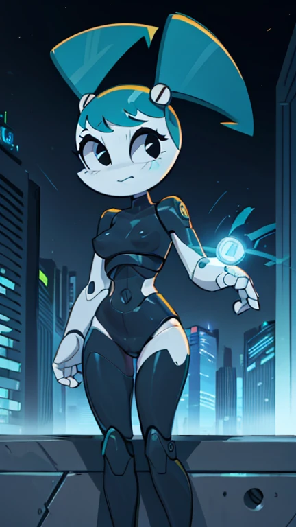 Retrato de alta qualidade de Jenny Wakeman, cabelo preto, fighting aliens in a futuristic city. HORA DO DIA. Cara de bravo. robot body, black robot color. Parafuso preto no umbigo, calcinha grande,