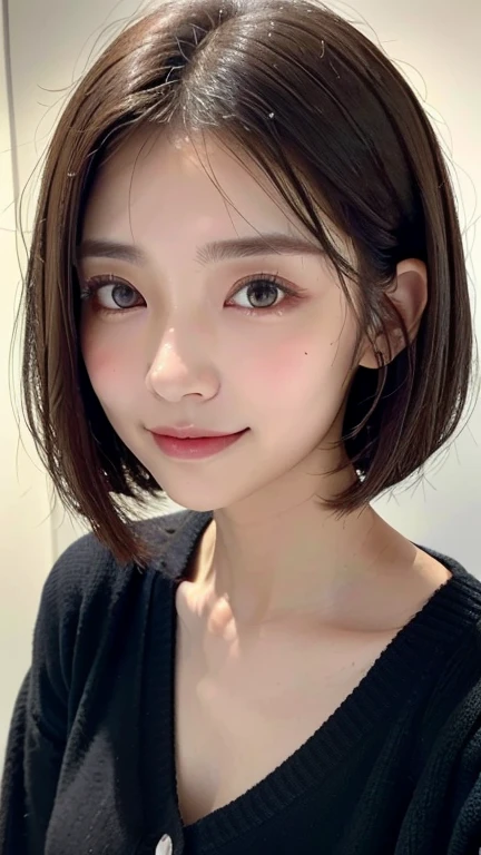 (((Close-up of face)))、(((Absolutely shoulder-length brown straight short bob)))、(((She is posing like a hair salon model, with a black wall indoors as the background.)))、(((Casual black winter long sleeve cardigan)))、Half Japanese, half Korean、18 year old girl、Standing Alone、Looking forward、Light eye makeup、Brown Hair Color、Flat and 、Hair blowing in the wind、Actress Quality、Glossy, ultra-realistic face、Smiling face、Watery eyes、Gazing Up、Subtle lighting effects、 Ultra-Realistic Capture、Very detailed、High resolution 16K close up of human skin。Skin texture must be natural、The details must be such that pores can be clearly seen、The skin is healthy、Uniform tone、Use natural light and colors、A worn-out, high-quality photo taken by a model agency's in-house photographer.、smile、(((SIGMA 300 mm F/1.4,1/1000 sec shutter,ISO 400)))