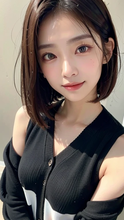 (((Close-up of face)))、(((Absolutely shoulder-length brown straight short bob)))、(((She is posing like a hair salon model, with a black wall indoors as the background.)))、(((Casual black winter long sleeve cardigan)))、Half Japanese, half Korean、18 year old girl、Standing Alone、Looking forward、Light eye makeup、Brown Hair Color、Flat and 、Hair blowing in the wind、Actress Quality、Glossy, ultra-realistic face、Smiling face、Watery eyes、Gazing Up、Subtle lighting effects、 Ultra-Realistic Capture、Very detailed、High resolution 16K close up of human skin。Skin texture must be natural、The details must be such that pores can be clearly seen、The skin is healthy、Uniform tone、Use natural light and colors、A worn-out, high-quality photo taken by a model agency's in-house photographer.、smile、(((SIGMA 300 mm F/1.4,1/1000 sec shutter,ISO 400)))