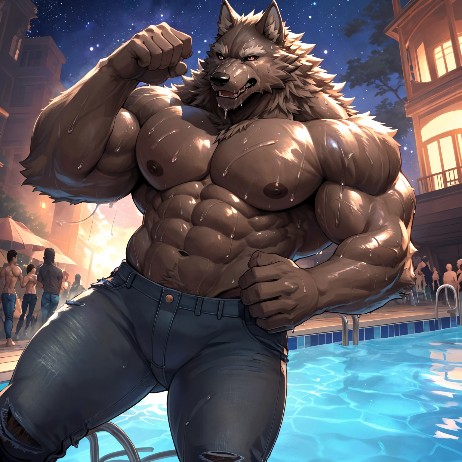 (highest quality:1.2), (masterpiece:1.2), anime, ultra detailed, angle from bottom, standing over viewer
, (Black and brown wolf:1.3), great physique,Strong arms, manly, bodybuilder, (Fine veins:1.5), (shine body:1.5)
, (Excessive sweating:1.7), (Sweat all over the body:1.7), (shirtless:1.5)
, (Wolf biting a human:1.5)

, Fine grain, (ultra detailed eyes:1.4), black sclera, brown pupil
, black tongue, A large amount of saliva, Tears dripping

, (tear jeans:1.9)
,From null-ghost, (Poolside:1.3), The background is a forest, The lost city lights, end:night、in the starry sky, (A lot of people are watching:1.7)
