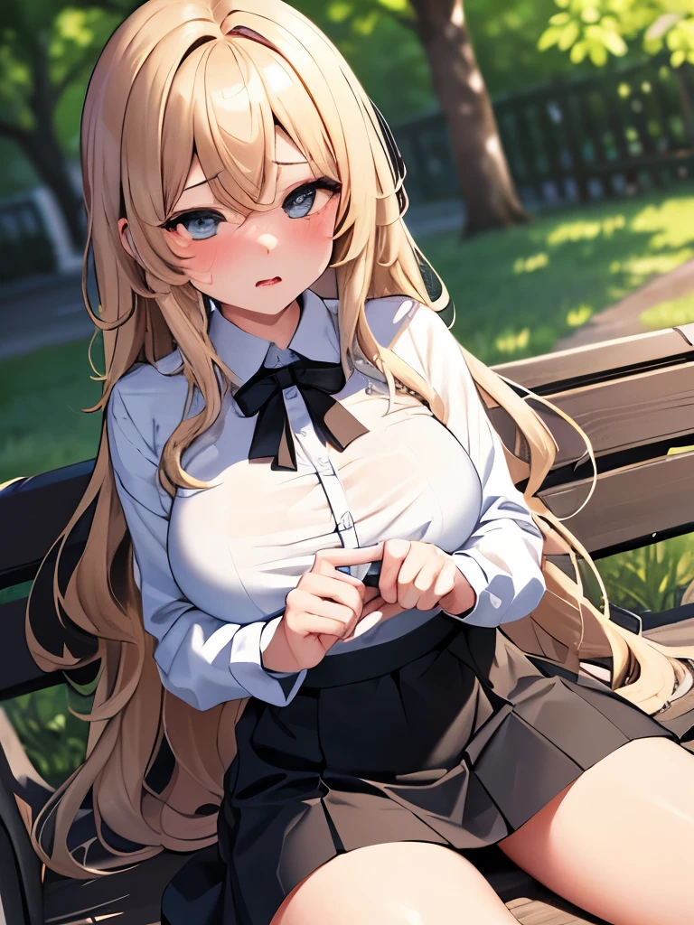 NSFW,(masterpiece,highest quality, detailed), One girl, alone, Park bench,Clear skies, black tights, (Turn over your clothes:1.5), Sweat, Ahegao, Roll your eyes, blush, naked、Blonde,Messy wavy long hair,open chest white shirt、A tight-fitting shirt、Black flared skirt、Big Breasts