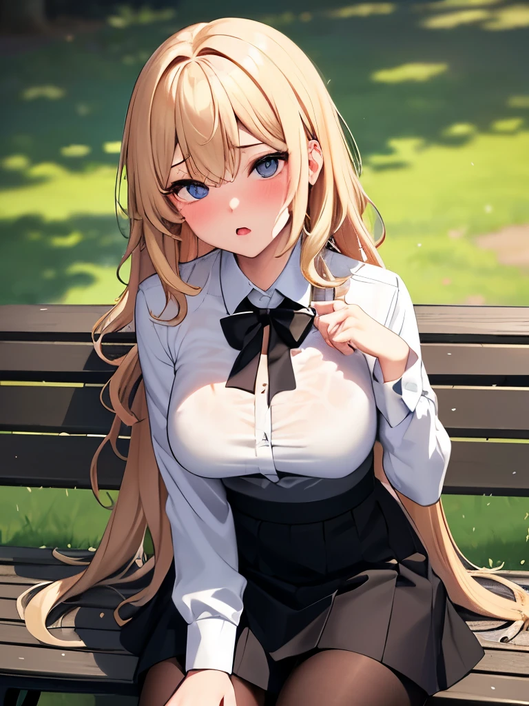 NSFW,(masterpiece,highest quality, detailed), One girl, alone, Park bench,Clear skies, black tights, (Turn over your clothes:1.5), Sweat, Ahegao, Roll your eyes, blush, naked、Blonde,Messy wavy long hair,open chest white shirt、A tight-fitting shirt、Black flared skirt、Big Breasts