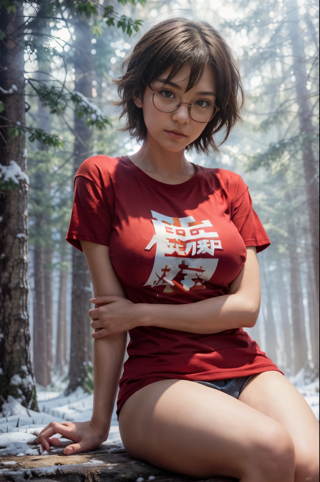 Photorealistic, (half body:1.3, exposed face), low angle, (seen from below), in frame, a japanese young woman, ((red t-shirt:1.2), bottomless:1.3), a hyperrealistic beautiful young girls with grayish blue eyes in glasses, natural droopy breast, high detailed official artwork, beautiful girls with slim fit body and busty posture, long legs, attractive young woman, (sitting with atractive poses:1.3, crossed arm hug the breast up), at bench in the (natural foggy forest:1.2), surrounded by snow, natural background, dubnitskiy david fanart, realistic portrait, smooth photorealistic, perfect visual of a cute girls, cute girls with skinice soft face, face focus, makoto shinkai and artgerm, photon mapping, natural light, warm color tones, vivid colors, cool ambient, foggy atmosphere