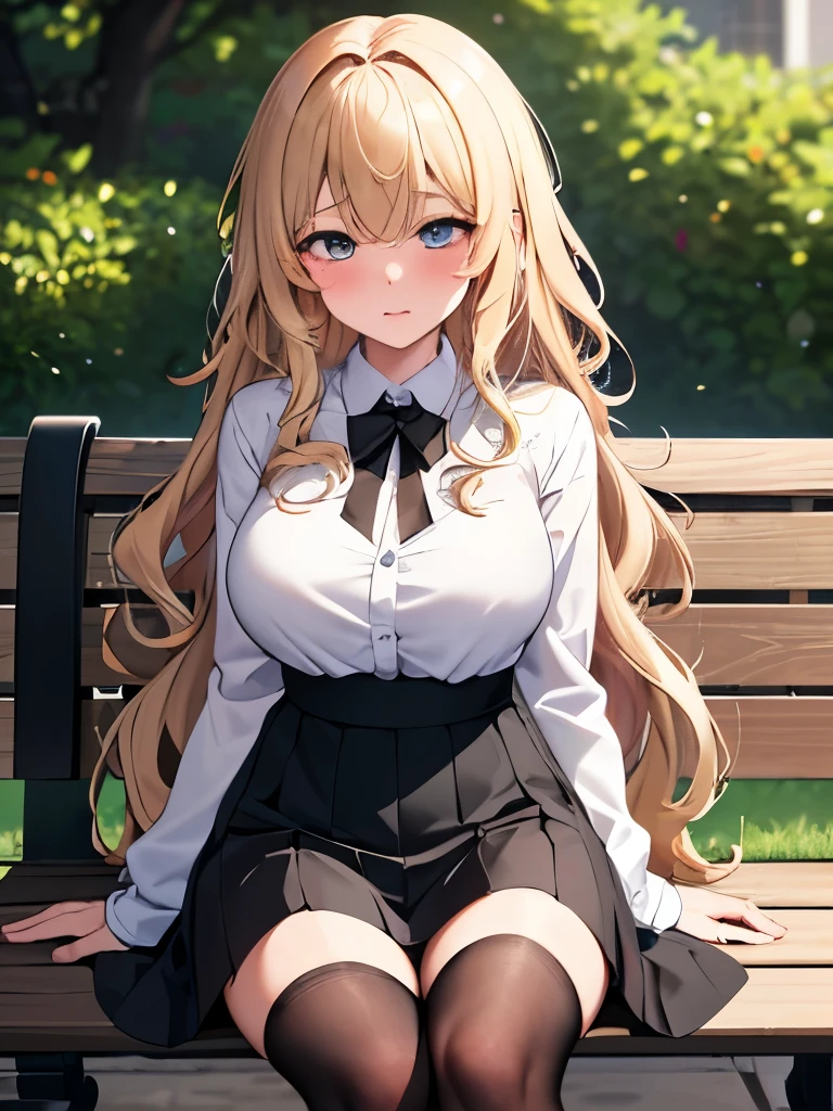 NSFW,(masterpiece,highest quality, detailed), One girl, alone, Park bench,Clear skies, black tights, （Turn over your clothes:1.5), Sweat, Ahegao, Roll your eyes, blush, naked、Blonde,Messy wavy long hair,open chest white shirt、A tight-fitting shirt、Black flared skirt、Big Breasts