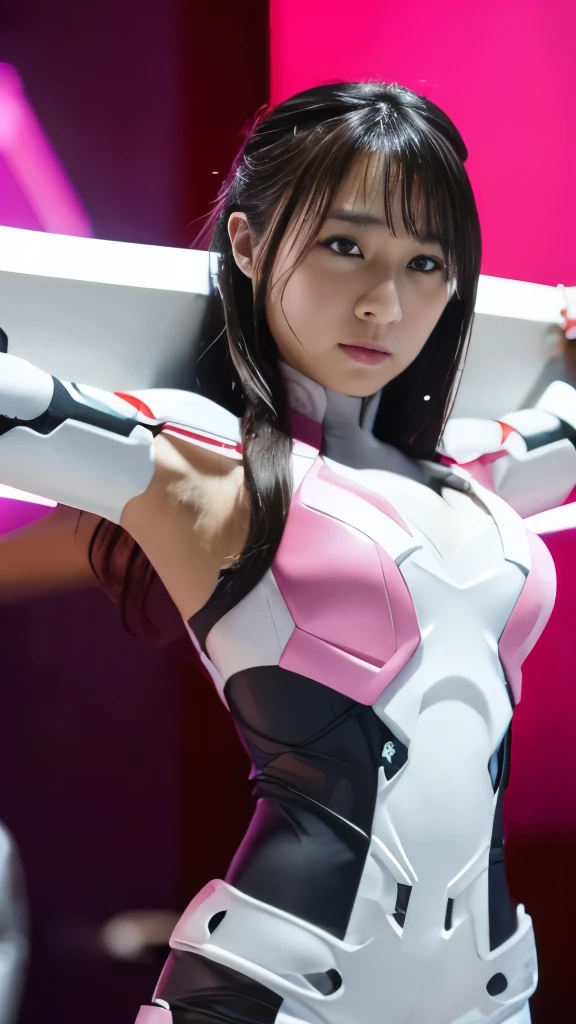 highest quality,masterpiece,Ultra-high resolution, Very detailed, 8k,(Beautiful woman),一人のBeautiful woman,((Crucifixion)),(cross),(execution),((incontinence)),Scared,torture,slave,((crossにCrucifixionにされた女性:1.5)),Crucifixion刑,(A futuristic hero suit in shiny pink and white.), (Pink and white shiny hero suit costume, Big Breasts)