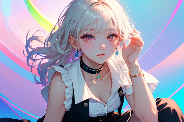 1girl, Sleeveless buttoned shirt, Black skirt, Black Choker, cute little, (Kpop Idle), (attractiveness:1), (Platinum Blonde Hair:0.8), ((Puffy eyes)), tenderness, Irridescent color, (background: Rainbow), Look at the viewer, sitting dynamic pose, (Delicate images), (Highly detailed), (high resolution), (Best quality), (masterpiece)
