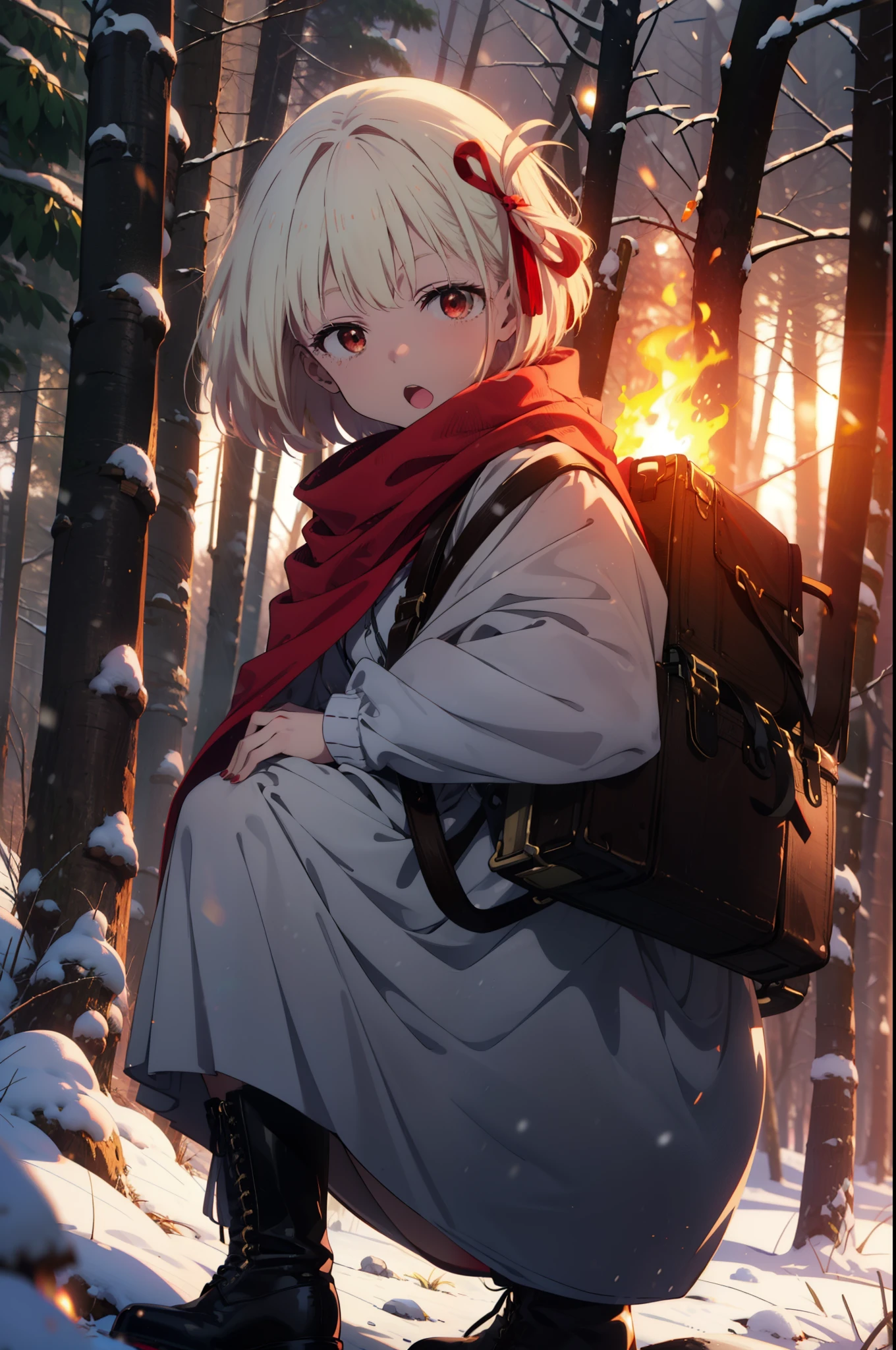 chisatonishikigi, Chisato Nishikigi, short hair, bangs, Blonde, (Red eyes:1.5), hair ribbon, One side up, Bobcut,
White Breath, Open your mouth,snow, fire, Outdoor, boots, snowing, From the side, wood, suitcase, Cape, Blurred, Increase your meals, forest, White handbag, nature, Squat, Mouth closed, フードed Cape, winter, Written boundary depth, Black shoes, red Cape break looking at viewer, Upper Body, whole body, break Outdoor, forest, nature, break (masterpiece:1.2), highest quality, High resolution, unity 8k wallpaper, (shape:0.8), (Beautiful and beautiful eyes:1.6), Highly detailed face, Perfect lighting, Highly detailed CG, (Perfect hands, Perfect Anatomy),