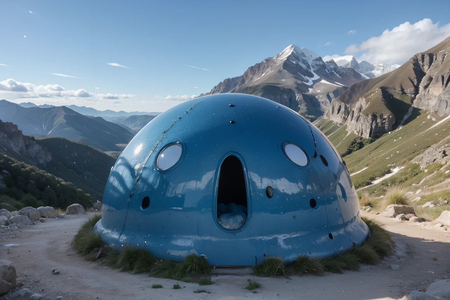 a blue anime-type slime among some mountains
