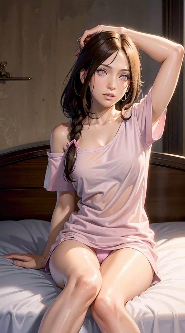 Jennifer Lopez, long hair tied low, hair band, hana, purple eyes, beautiful, beautiful woman, perfect body, perfect breasts, wearing a big pink t-shirt, red panties, in bed, bedroom, bed, sitting on the bed sleeping, looking at the viewer, slightly smiling, realism, masterpiece, textured skin, super detail, high detail, high quality, best quality, 1080p, 16k