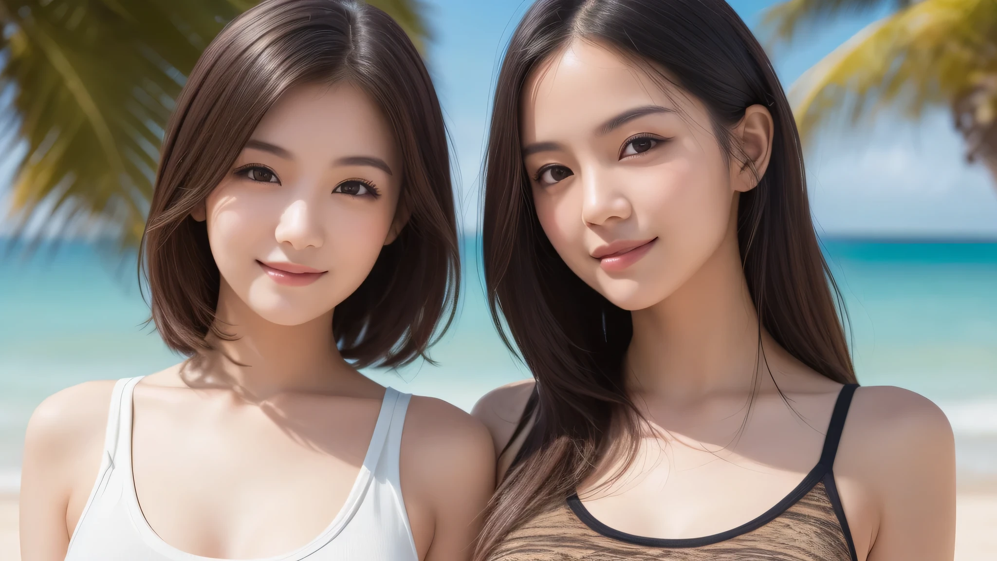 (2girl), nice smile, (Tank top:1.2), bob hair, sexy look, (Best Quality:1.4), (Ultra-detailed), (extremely detailed beautiful face), brown eyes, (highly detailed Beautiful face), (extremely detailed CG unified 8k wallpaper), Highly detailed, High-definition raw color photos, Professional Photography, Realistic portrait, Extremely high resolution, beach, Palm tree, (Fine face:1.2), sunny day