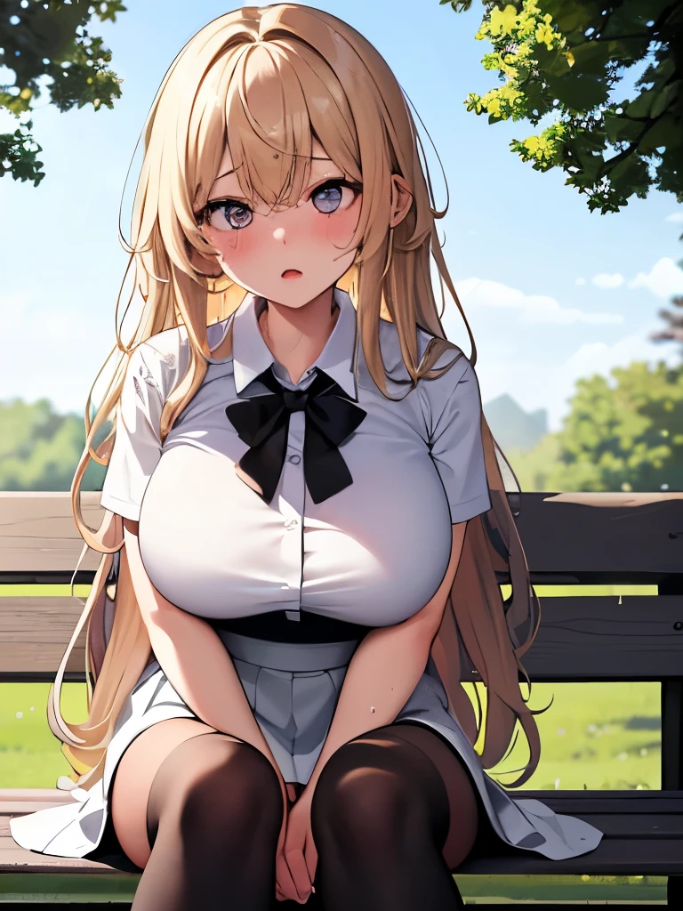 White panties,NSFW,(masterpiece,highest quality, detailed), One girl, alone, Park bench,Clear skies, black tights, (Turn over your clothes:1.5), Sweat, Ahegao, Roll your eyes, blush, naked、Blonde,Messy wavy long hair,open chest white shirt、A tight-fitting shirt、Black flared skirt、Big Breasts