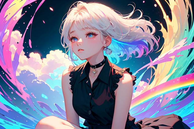 1girl, Sleeveless buttoned shirt, Black skirt, Black Choker, cute little, (Kpop Idle), (attractiveness:1), (Platinum Blonde Hair:0.8), ((Puffy eyes)), tenderness, Irridescent color, (background: Rainbow), sideways, sitting dynamic pose, (Delicate images), (Highly detailed), (high resolution), (Best quality), (masterpiece)
