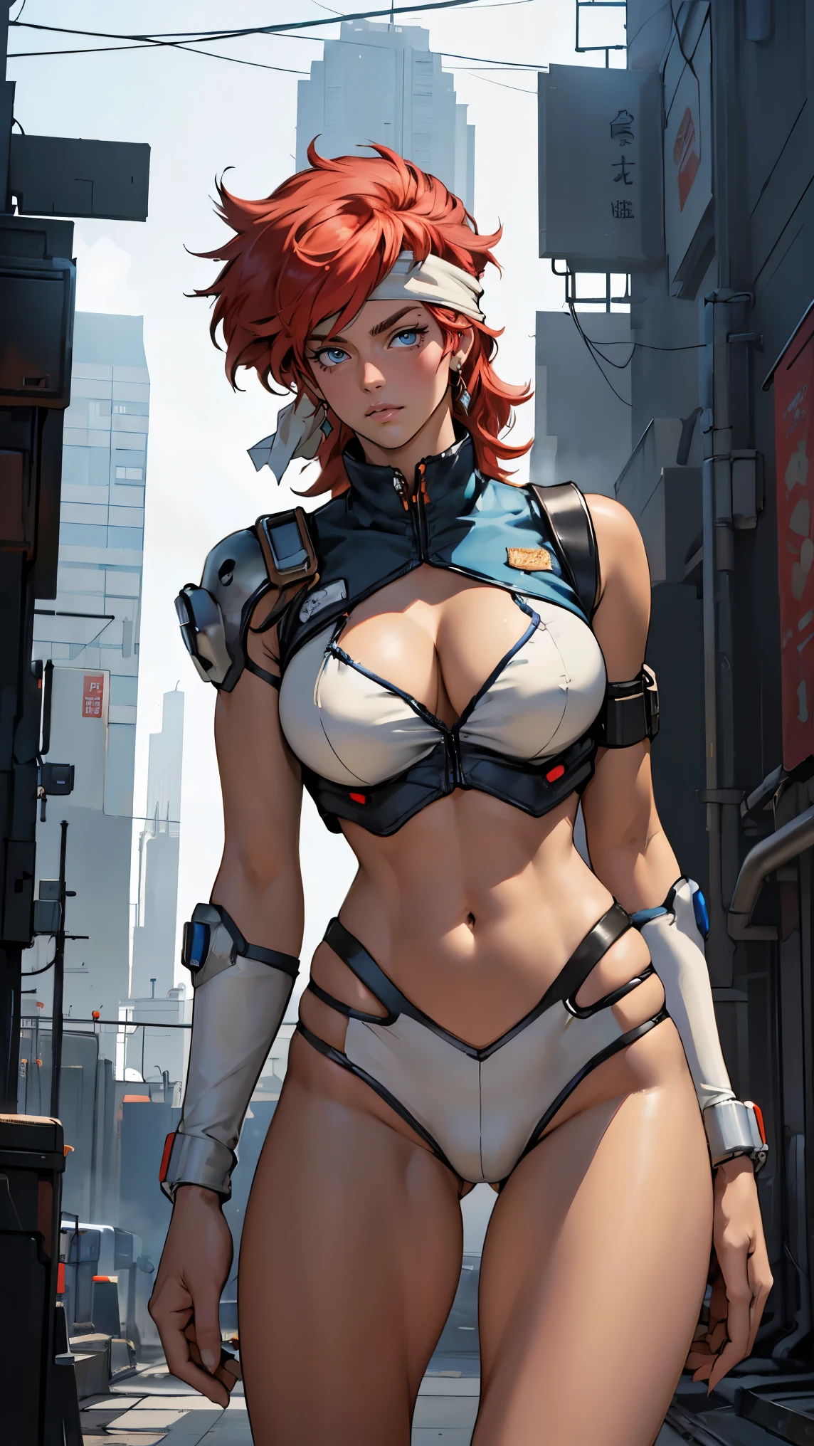 ((Masterpiece, highest quality; 1.3)), super quality, beautiful detail, super detailed, extra fine, 16K, exquisite, absurd, high resolution, beautiful background, detailed background, beautiful eyes, beautiful skin, anime style, Kay from Dirty Pair in a white outfit, tight outfit, cleavage, bushy redhead beauty, very light blue uniform, wearing tight clothes, skimpy, (mid chest: 1.2), cleavage, cleavage, slim waist , thin waist, slim thighs, thin legs, slim legs. thigh gap, showing stomach, skinny, thin hips, cyberpunk city background, retro space gun holding, headband,