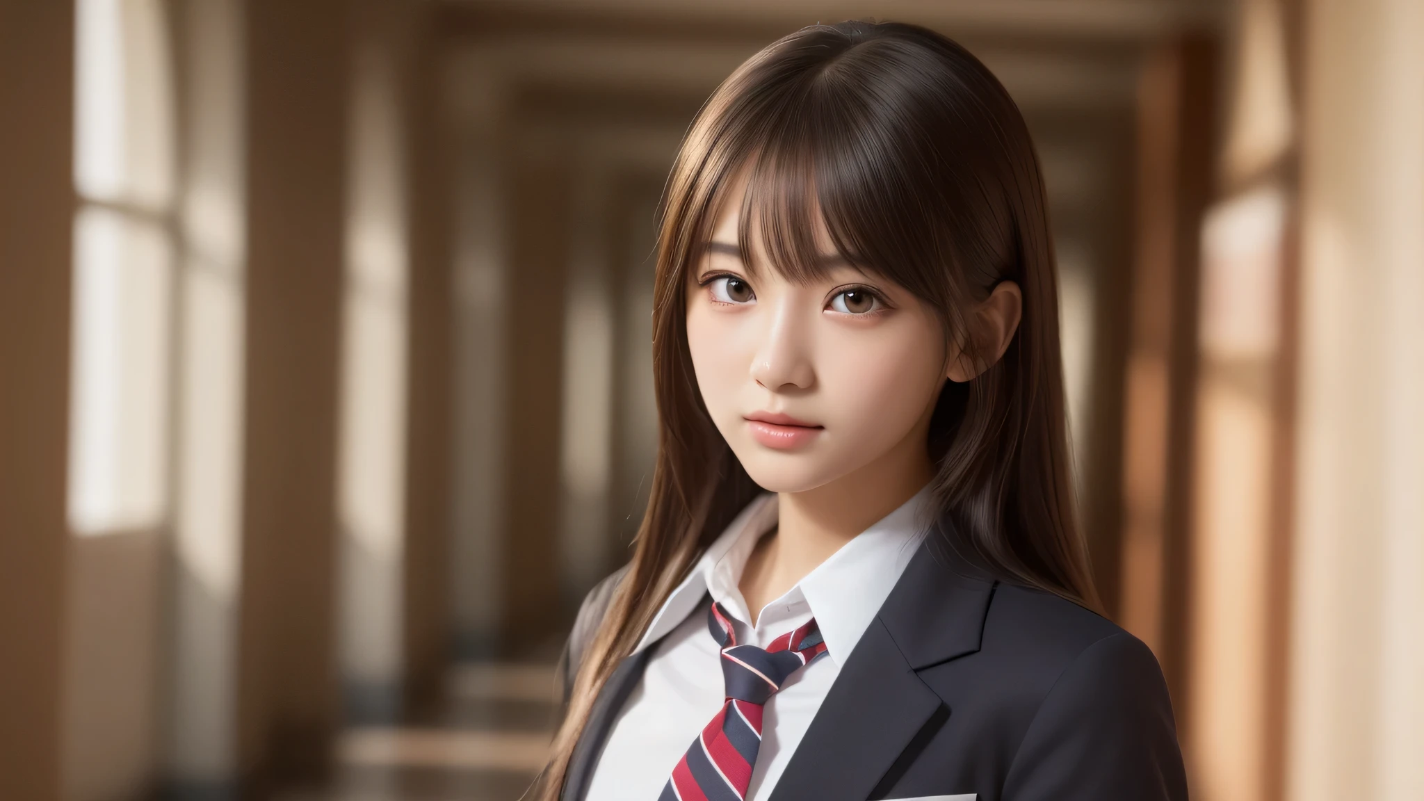 (1girl), brown eyes, air bangs, (highly detailed eyes, highly detailed face), (hyper-realistic, hight resolution), (best Quality:1.4), (high school uniform:1.2), model, Enchanting, Japanese girls school hallway, The setting sun shining through the school hallway, (Fine face:1.2),