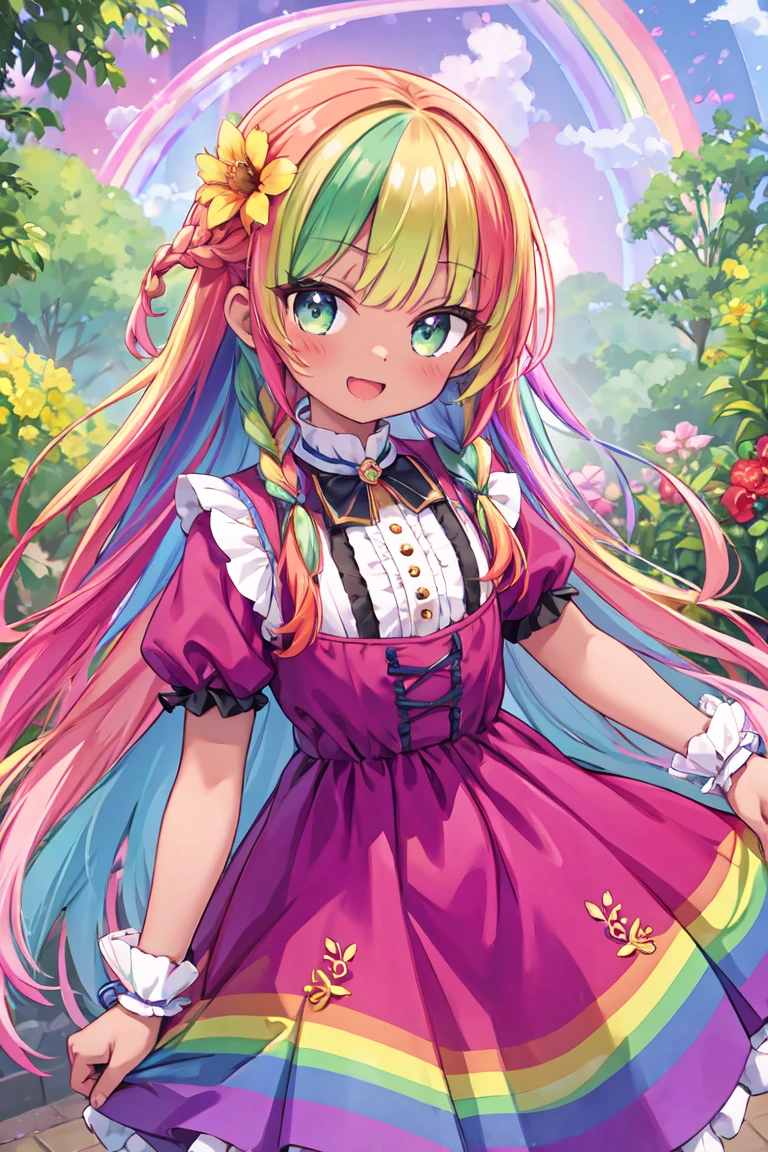 （In 8K, highest quality, pieces fly:1.2)、ultra high resolution,1 female 、super detailed face,fine eyes,open your mouth,laughter,((rainbow hair)),asymmetrical bangs,twin braids,dark skin, break,((flower dress)),ruffle skirt,break,(rainbow light:1.4),botanical garden, cute smile, flowers in hair