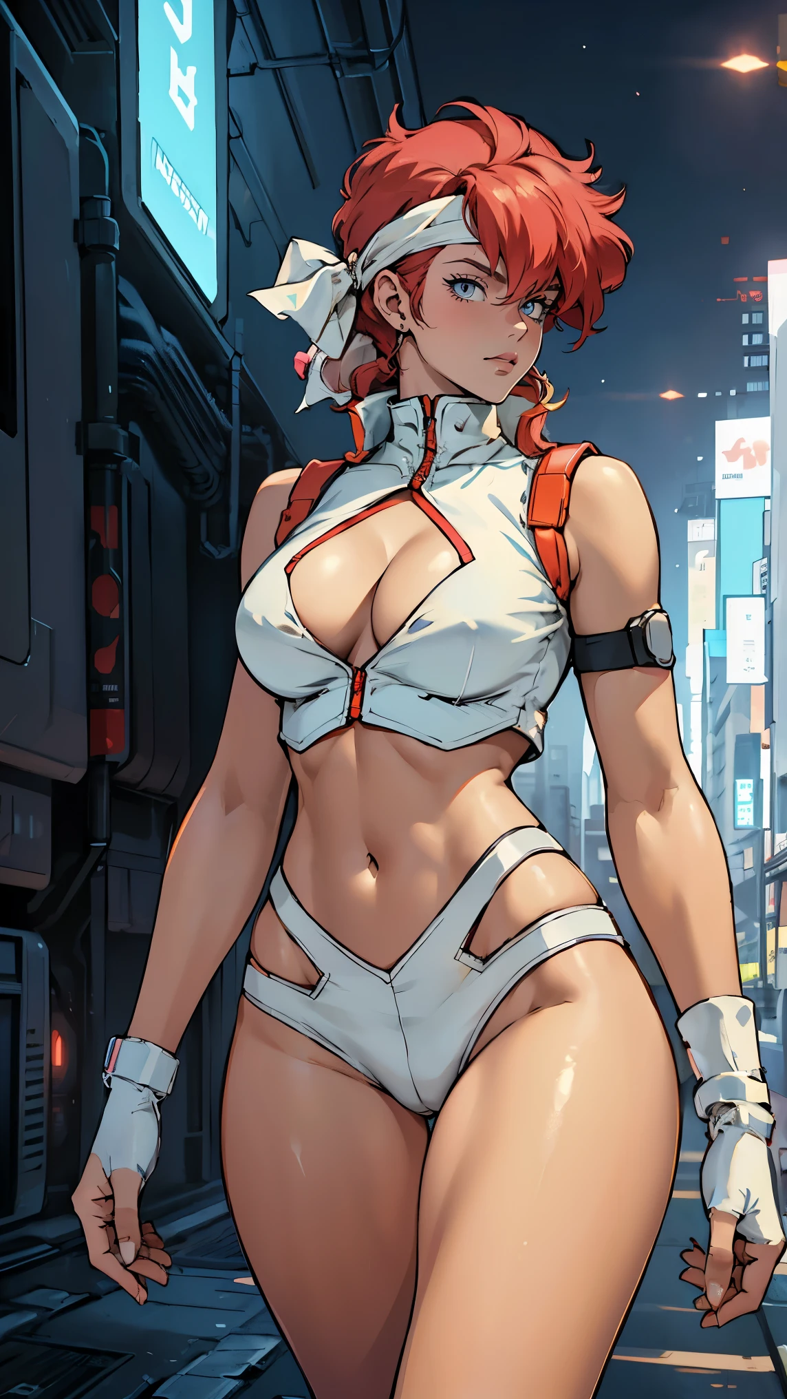 ((Masterpiece, highest quality; 1.3)), super quality, beautiful detail, super detailed, extra fine, 16K, exquisite, absurd, high resolution, beautiful background, detailed background, beautiful eyes, beautiful skin, anime style, Kay from Dirty Pair in a white outfit, tight outfit, cleavage, bushy redhead beauty, very light blue uniform, wearing tight clothes, skimpy, (mid chest: 1.2), cleavage, cleavage, slim waist , thin waist, slim thighs, thin legs, slim legs. thigh gap, showing stomach, skinny, thin hips, cyberpunk city background, retro space gun holding, headband, 