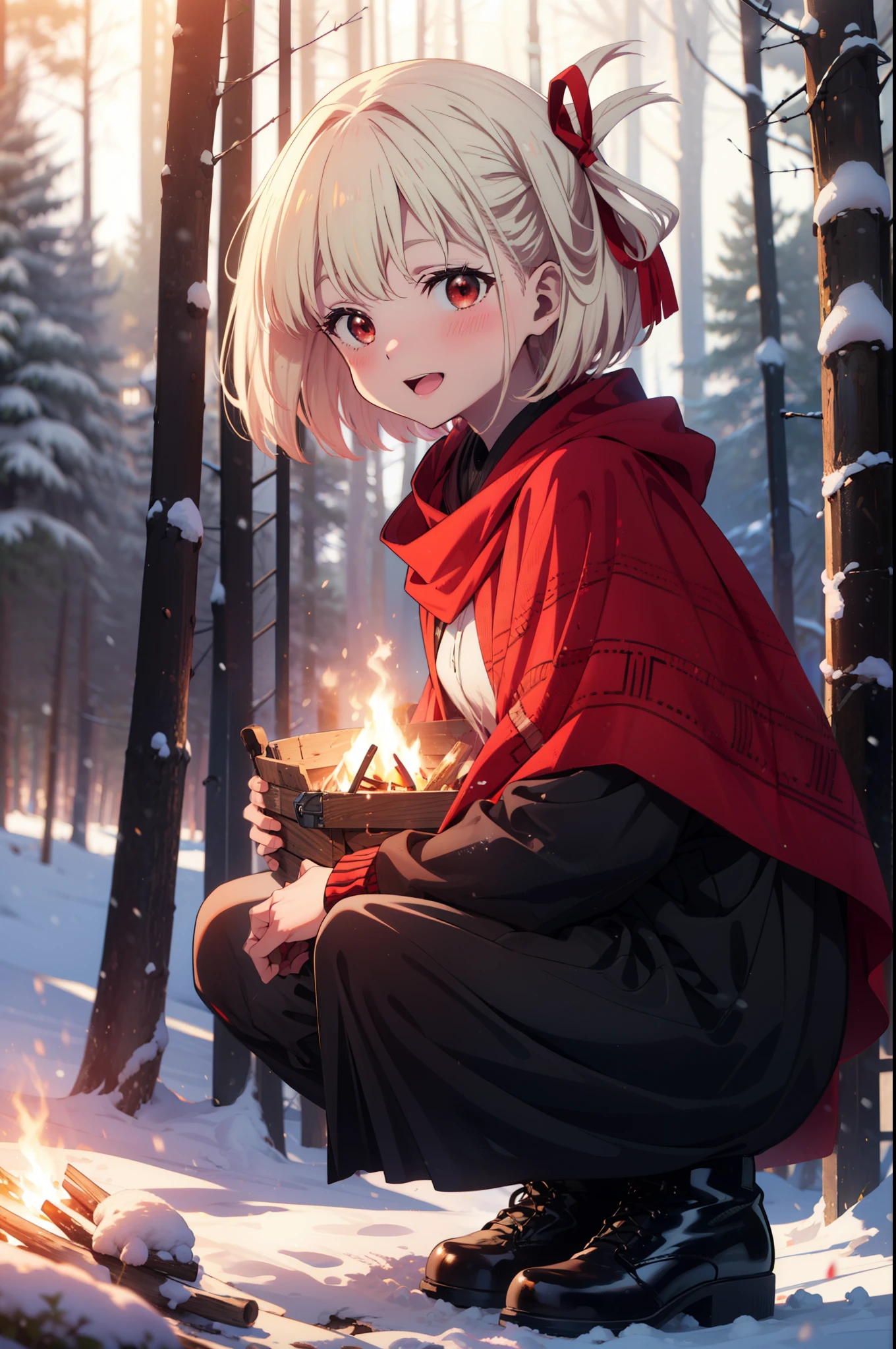 chisatonishikigi, Chisato Nishikigi, short hair, bangs, Blonde, (Red eyes:1.5), hair ribbon, One side up, Bobcut,smile,blush,happy smile, smile, Open your mouth,
White Breath, Open your mouth,snow, A bonfire on the ground, Outdoor, boots, snowing, From the side, wood, suitcase, Cape, Blurred, Increase your meals, forest, White handbag, nature, Squat, Mouth closed, フードed Cape, winter, Written boundary depth, Black shoes, red Cape break looking at viewer, Upper Body, whole body, break Outdoor, forest, nature, break (masterpiece:1.2), highest quality, High resolution, unity 8k wallpaper, (shape:0.8), (Beautiful and beautiful eyes:1.6), Highly detailed face, Perfect lighting, Highly detailed CG, (Perfect hands, Perfect Anatomy),