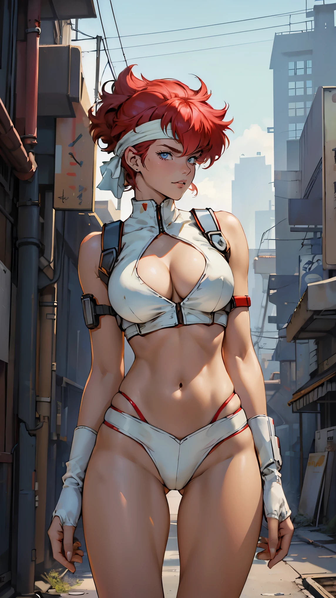 ((Masterpiece, highest quality; 1.3)), super quality, beautiful detail, super detailed, extra fine, 16K, exquisite, absurd, high resolution, beautiful background, detailed background, beautiful eyes, beautiful skin, anime style, Kay from Dirty Pair in a white outfit, tight outfit, cleavage, bushy redhead beauty, very light blue uniform, wearing tight clothes, skimpy, (mid chest: 1.2), cleavage, cleavage, slim waist , thin waist, slim thighs, thin legs, slim legs. thigh gap, showing stomach, skinny, thin hips, cyberpunk city background, retro space gun holding, headband, 