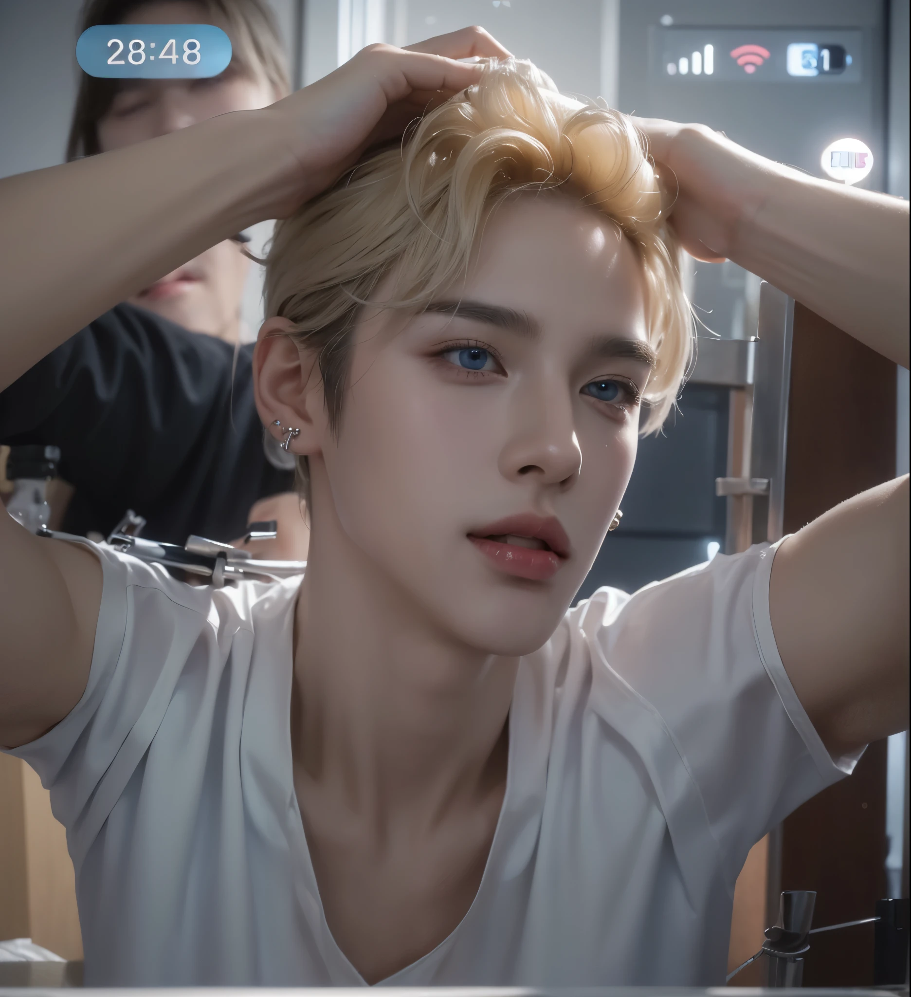 ((highest quality, 8K, masterpiece: 1.3)), Handsome boy 、20-year-old、Delinquent boy、 Laugh with your mouth wide open、Looks happy、Beautiful teeth、White teeth、Upper Body、well-groomed face, blond color、teeth、thin face、(white skin:1.5)、blue eyes、boy with makeup、Super handsome、laugh suspiciously、sexy eyes、Extra-fine face, handsome nose, small eyes and face, beautiful lighting, High resolution, detailed mouth, smile, whole body: 1.5, perfect body shape、super slim,Midial Hair、pointed hair、korean idol fashion、pattern shirt、 Silver earringspiercing