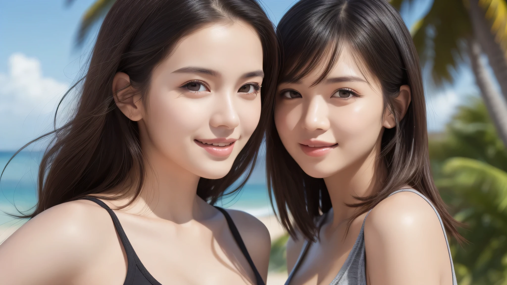 (2girl), nice smile, (Tank top:1.2), bob hair, sexy look, (Best Quality:1.4), (Ultra-detailed), (extremely detailed beautiful face), brown eyes, (highly detailed Beautiful face), (extremely detailed CG unified 8k wallpaper), Highly detailed, High-definition raw color photos, Professional Photography, Realistic portrait, Extremely high resolution, beach, Palm tree, (Fine face:1.2), sunny day