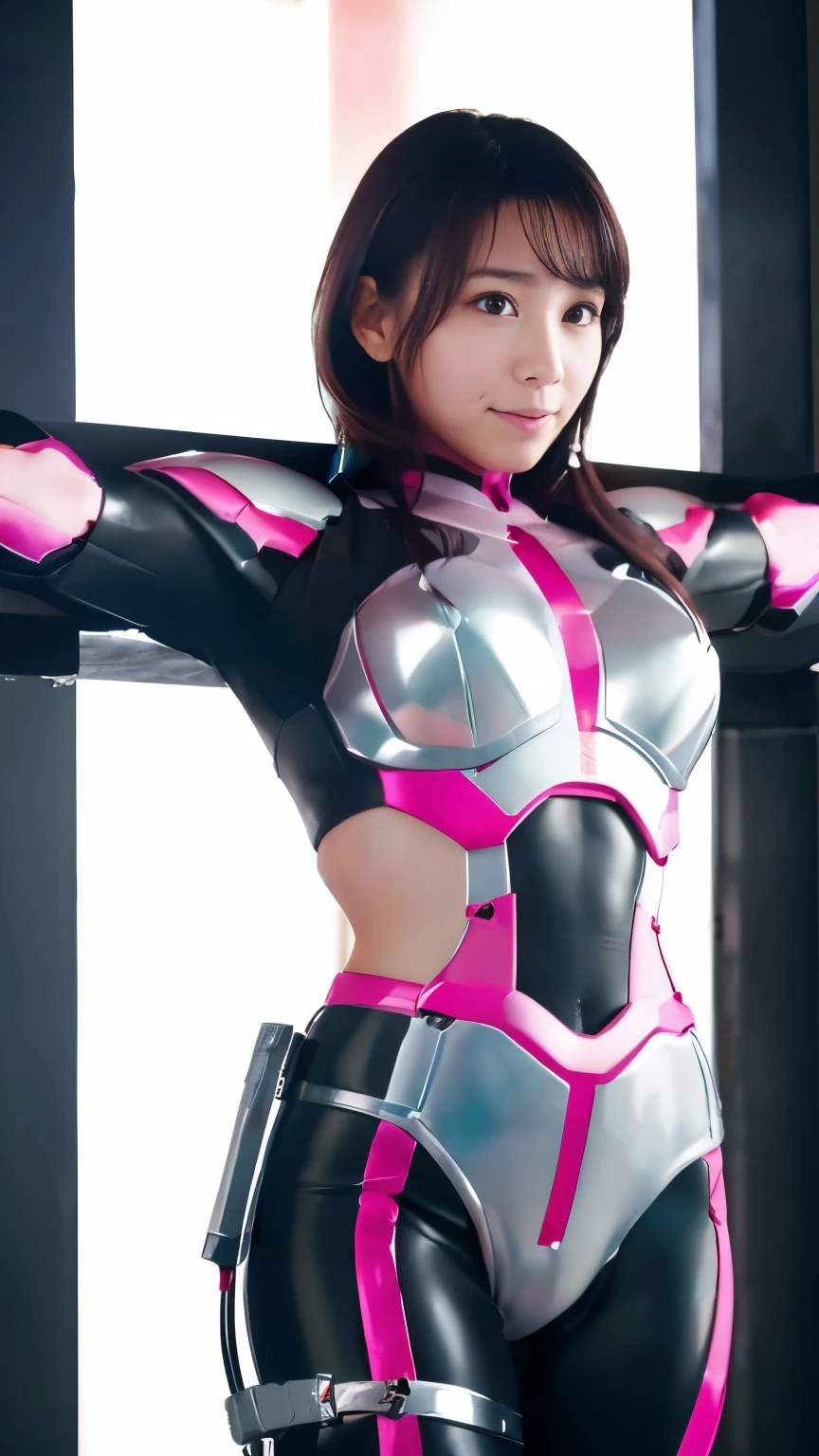 highest quality,masterpiece,Ultra-high resolution, Very detailed, 8k,(Beautiful woman),A beautiful Japanese woman aged 25:1.5,((Crucifixion)),(cross),(execution),((incontinence)),smile,torture,slave,((crossにCrucifixionにされた女性:1.5)),Crucifixion刑,(A futuristic hero suit in shiny pink and white.), (Pink and white shiny hero suit costume, Big Breasts、Voluptuous body)