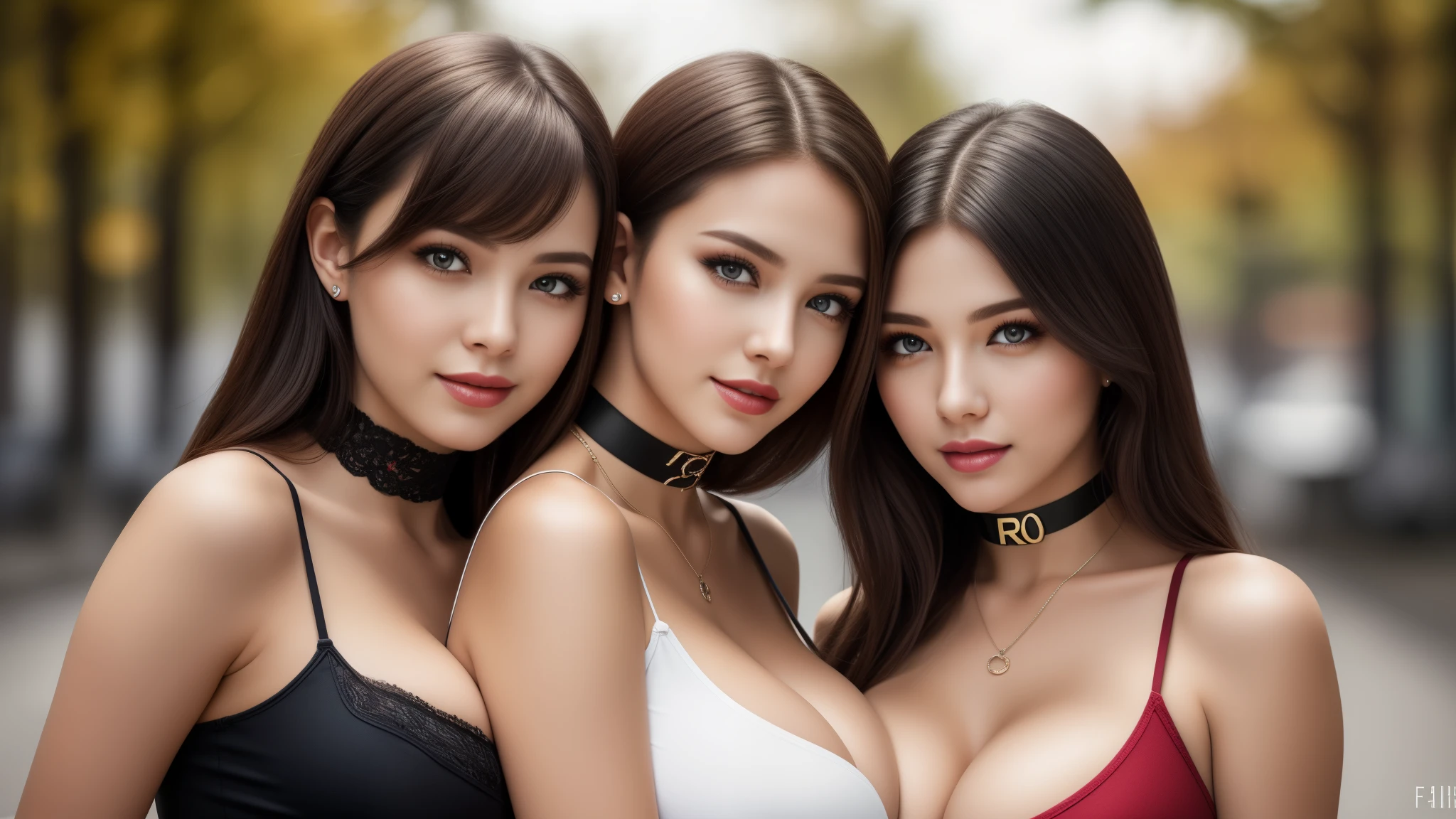 three girls, 18 years old, tmasterpiece,best qualtiy,hdr, hyper HD, 8K,Bokeh,Ultra-fine painting,Sharp focus,Physically-based rendering,Extreme detail description, half-body photo,looking at viewer, sexy micro skirt, deep cleavage:1.2, (smile:0.9), (kissing:1.1), choker, dark eyeshadow:1.5, (red lipstick:0.8), (big breasts:1.3), (EOS R8, 50 millimeters, F1.2, 8K, RAW photo:1.2)