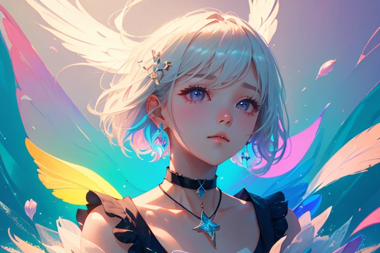 1girl, Black Choker, cute little, (Kpop Idle), (attractiveness:1), (Platinum Blonde Hair:0.8), ((Puffy eyes)), tenderness, Irridescent color, fantasy, (background: Rainbow), sideways, sitting dynamic pose, (Delicate images), (Highly detailed), (high resolution), (Best quality), (masterpiece)
