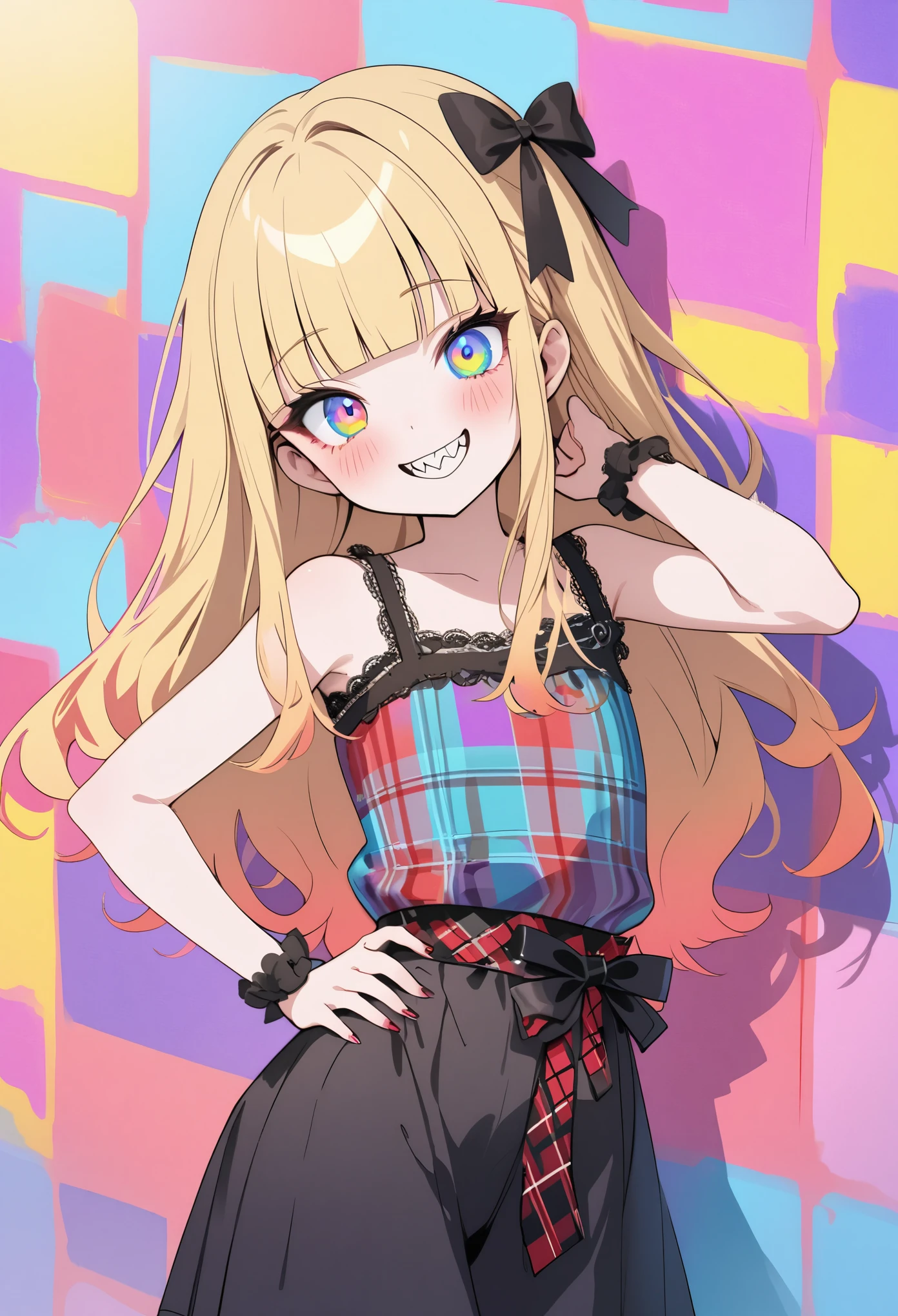 ((Masterpiece)), ((best quality)), (cowboy shot), (Rough sketch:1.4), (High Definition:1.3), (Professional Photography:1.3), ((12 years old)), (❤️🖤💗💔), cute young Girl, Glossy unruly hair, (loose blunt bangs), blonde hair with red mesh, (red mesh hair), long hair, big eyes, (long eyelashes), ((jagged teeth)), colorful eyes, (Unfocused eyes), blush, ((dazed smile)), open mouth, ribbon belt, joy, (cute Plaid tanktop), barearms, cute, (place hand to hip), 😈, 🔪, (colorful:1.3), gothic makeup, ((against the Colorful pastel wall)),