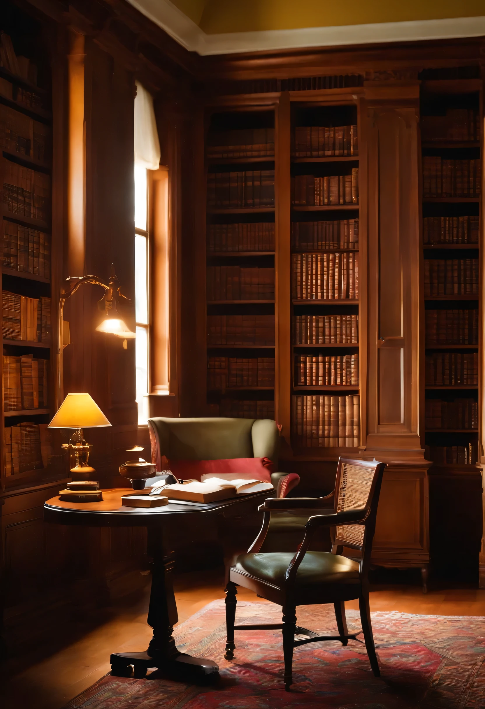 "Describe a library room with a trainer chair. Donner une atmosphère de calme et d’apprentissage, emphasizing the presence of well-arranged books, d'une grande table en bois, de la chaise du formateur, and a soothing light source."