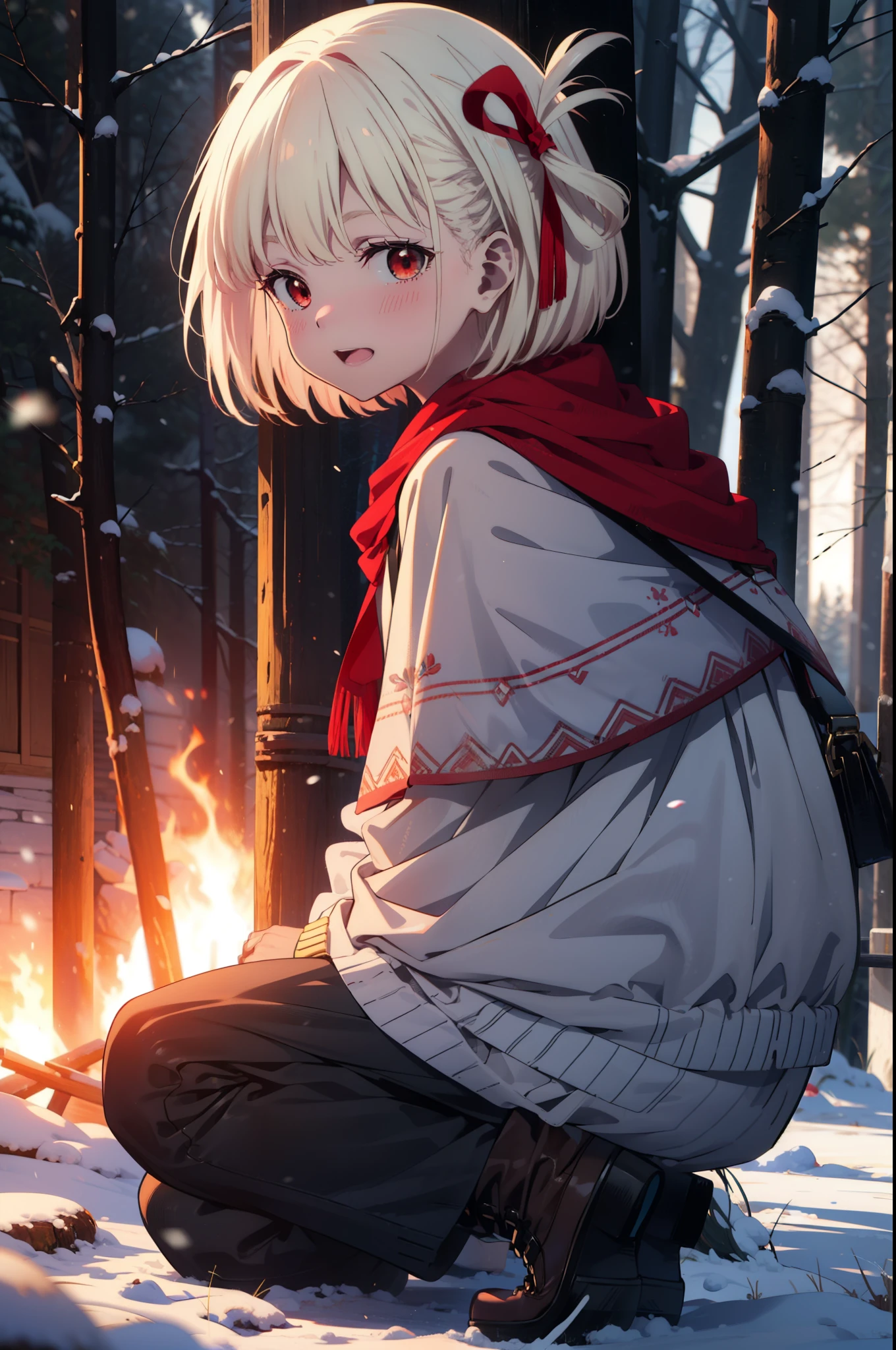 chisatonishikigi, Chisato Nishikigi, short hair, bangs, Blonde, (Red eyes:1.5), hair ribbon, One side up, Bobcut,smile,blush,happy smile, smile, Open your mouth,
White Breath, Open your mouth,snow, A bonfire on the ground, Outdoor, boots, snowing, From the side, wood, suitcase, Cape, Blurred, Increase your meals, forest, White handbag, nature, Squat, Mouth closed, フードed Cape, winter, Written boundary depth, Black shoes, red Cape break looking at viewer, Upper Body, whole body, break Outdoor, forest, nature, break (masterpiece:1.2), highest quality, High resolution, unity 8k wallpaper, (shape:0.8), (Beautiful and beautiful eyes:1.6), Highly detailed face, Perfect lighting, Highly detailed CG, (Perfect hands, Perfect Anatomy),